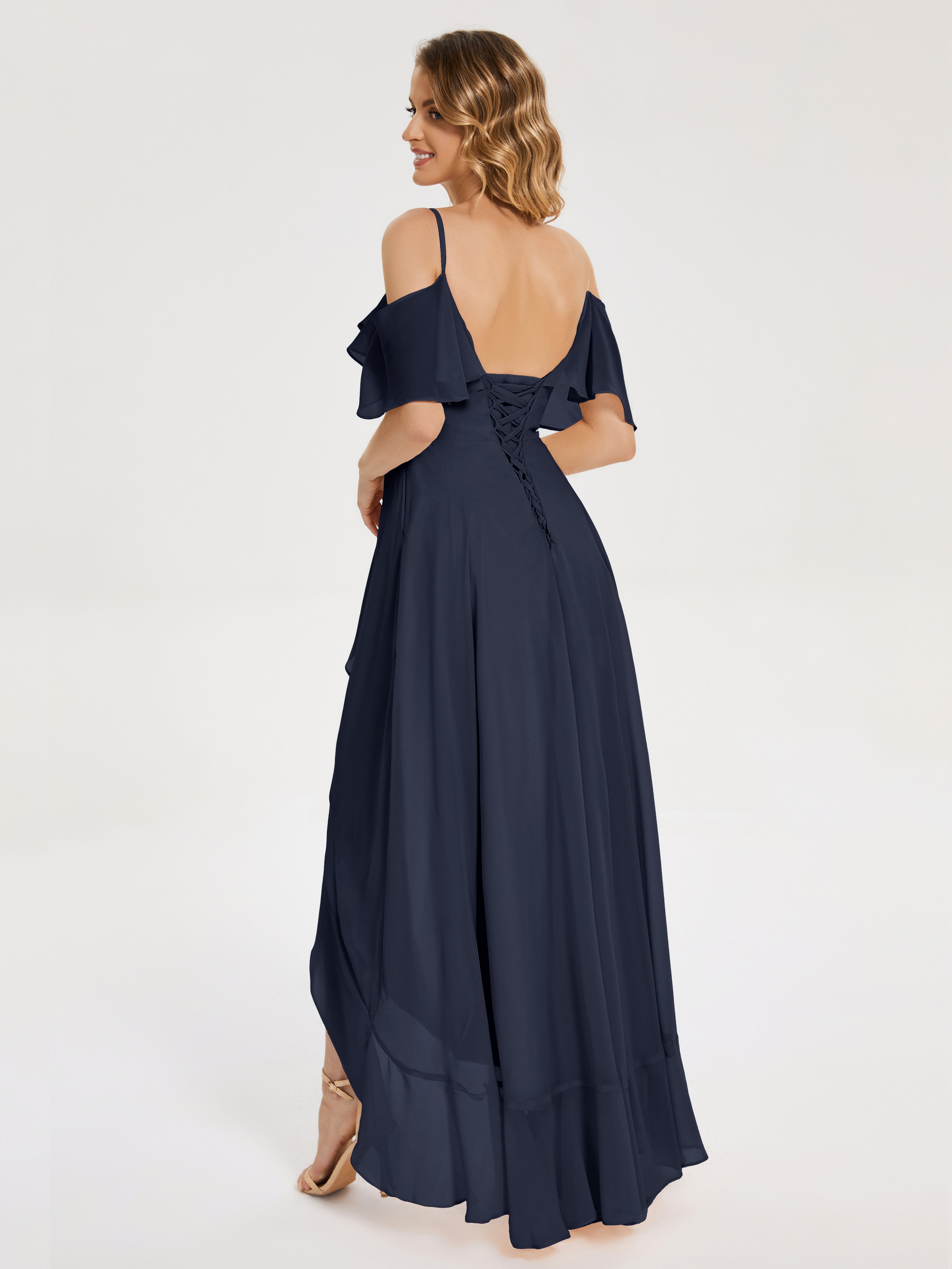 Robes De Demoiselle D'Honneur Bleu Marine Foncé Asymétrique Mousseline Robes Demoiselle D'Honneur À Lacet