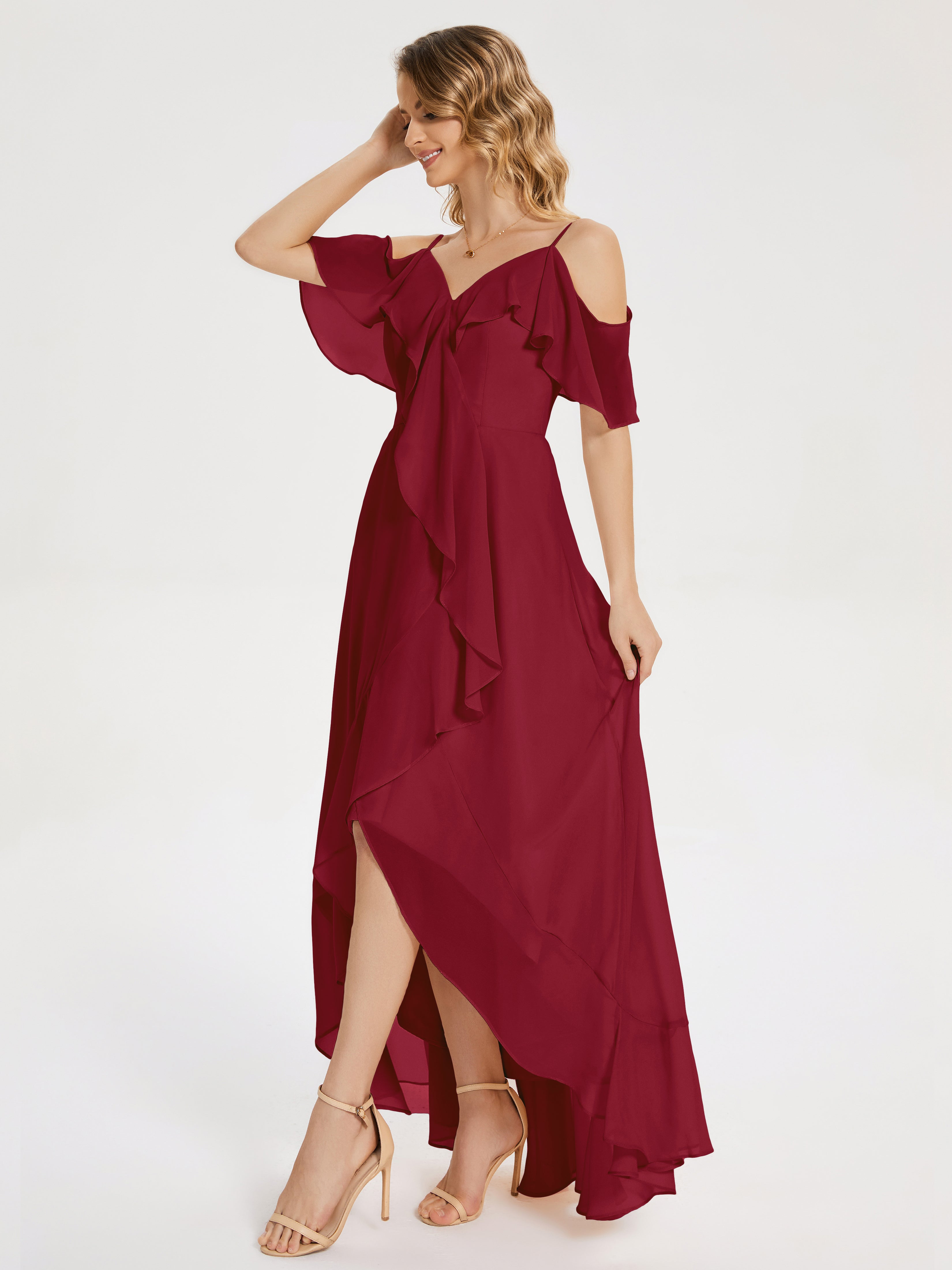 Robes De Demoiselle D'Honneur Rouge Bordeaux Asymétrique Mousseline Robes Demoiselle D'Honneur À Lacet