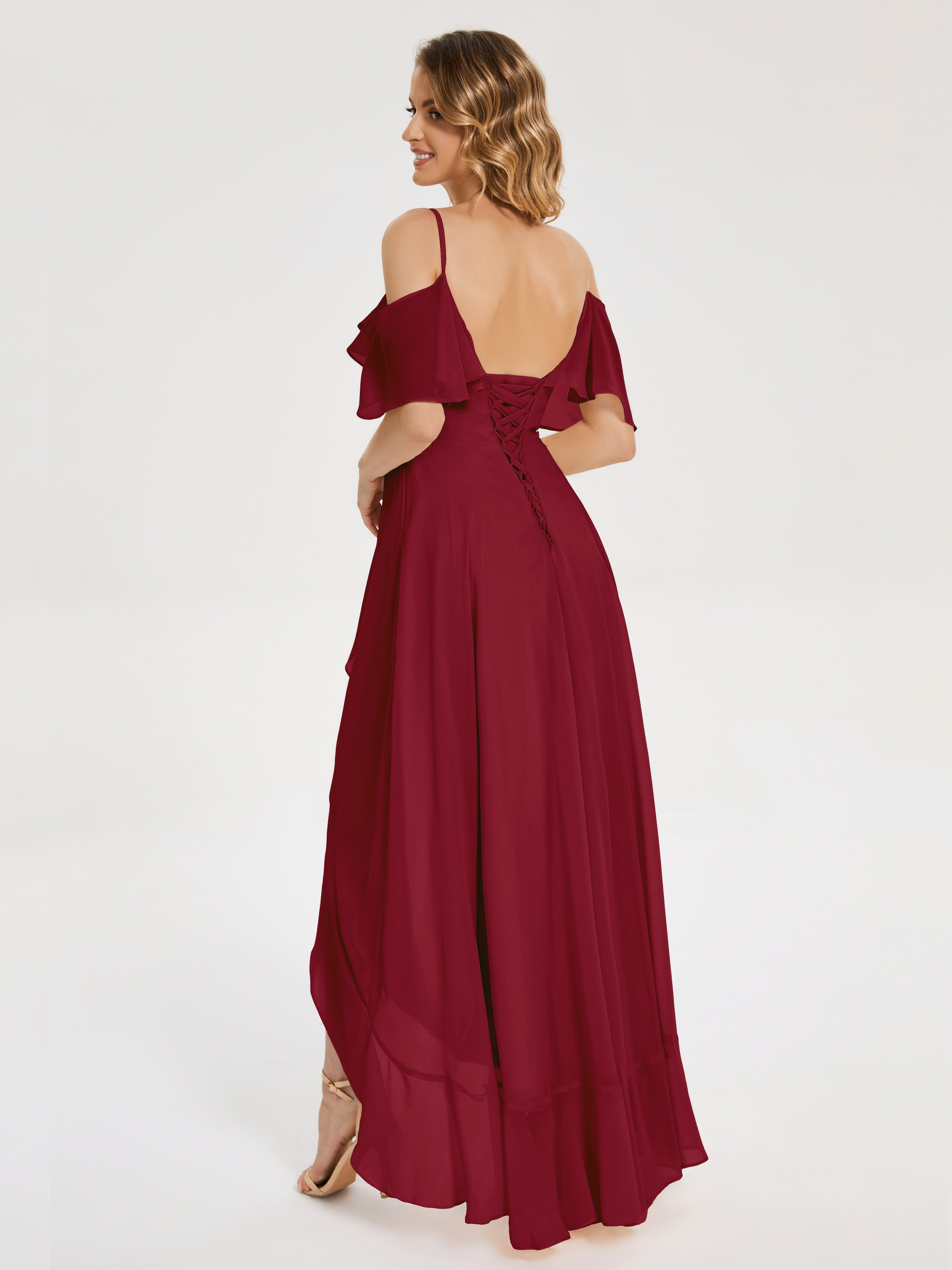 Robes De Demoiselle D'Honneur Rouge Bordeaux Asymétrique Mousseline Robes Demoiselle D'Honneur À Lacet