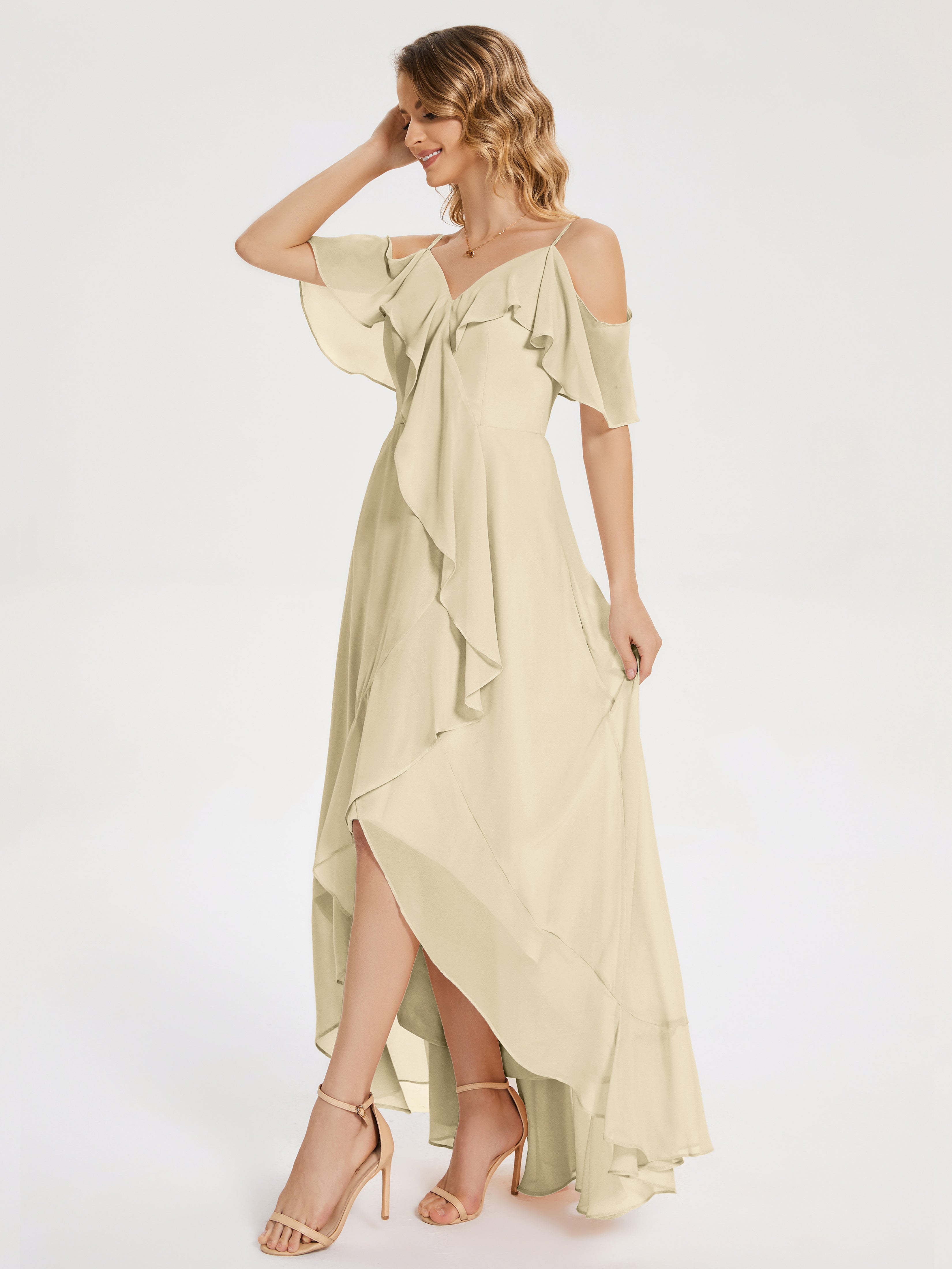 Robe Demoiselle D Honneur Champagne Asymétrique Mousseline Robes Demoiselle D'Honneur À Lacet