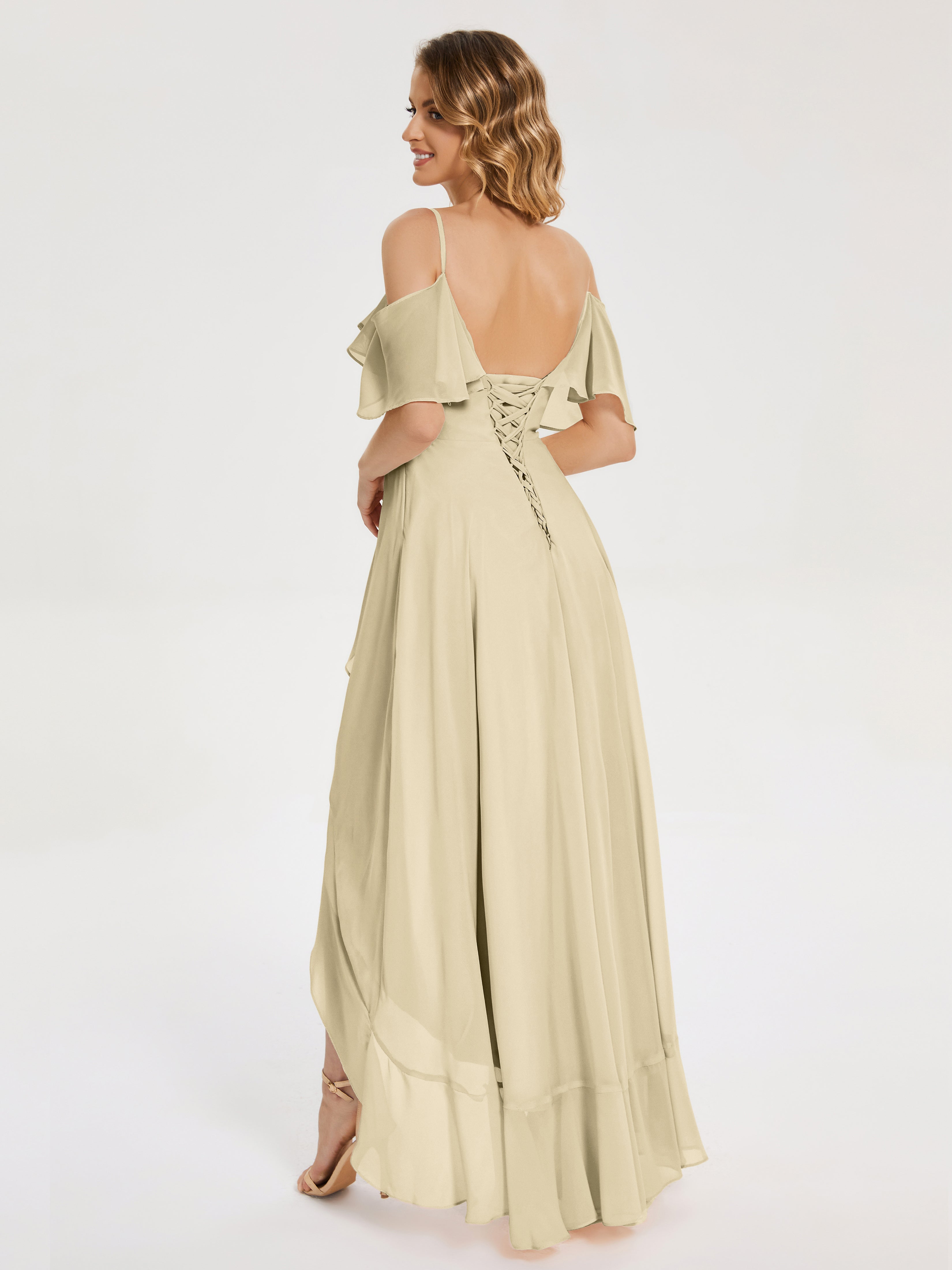 Robe Demoiselle D Honneur Champagne Asymétrique Mousseline Robes Demoiselle D'Honneur À Lacet