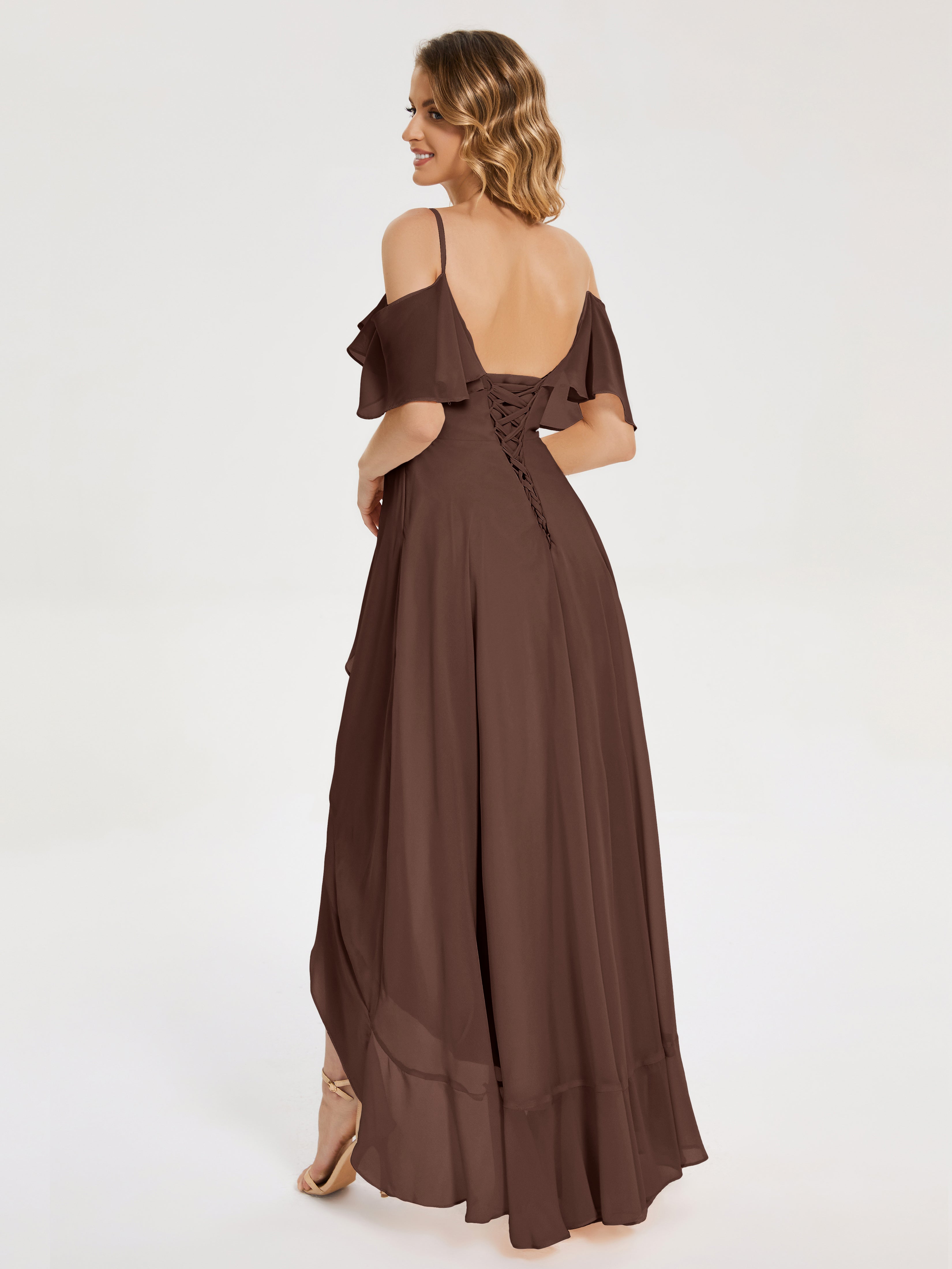 Robe Marron Chocolat Demoiselle D Honneur Asymétrique Mousseline Robes Demoiselle D'Honneur À Lacet