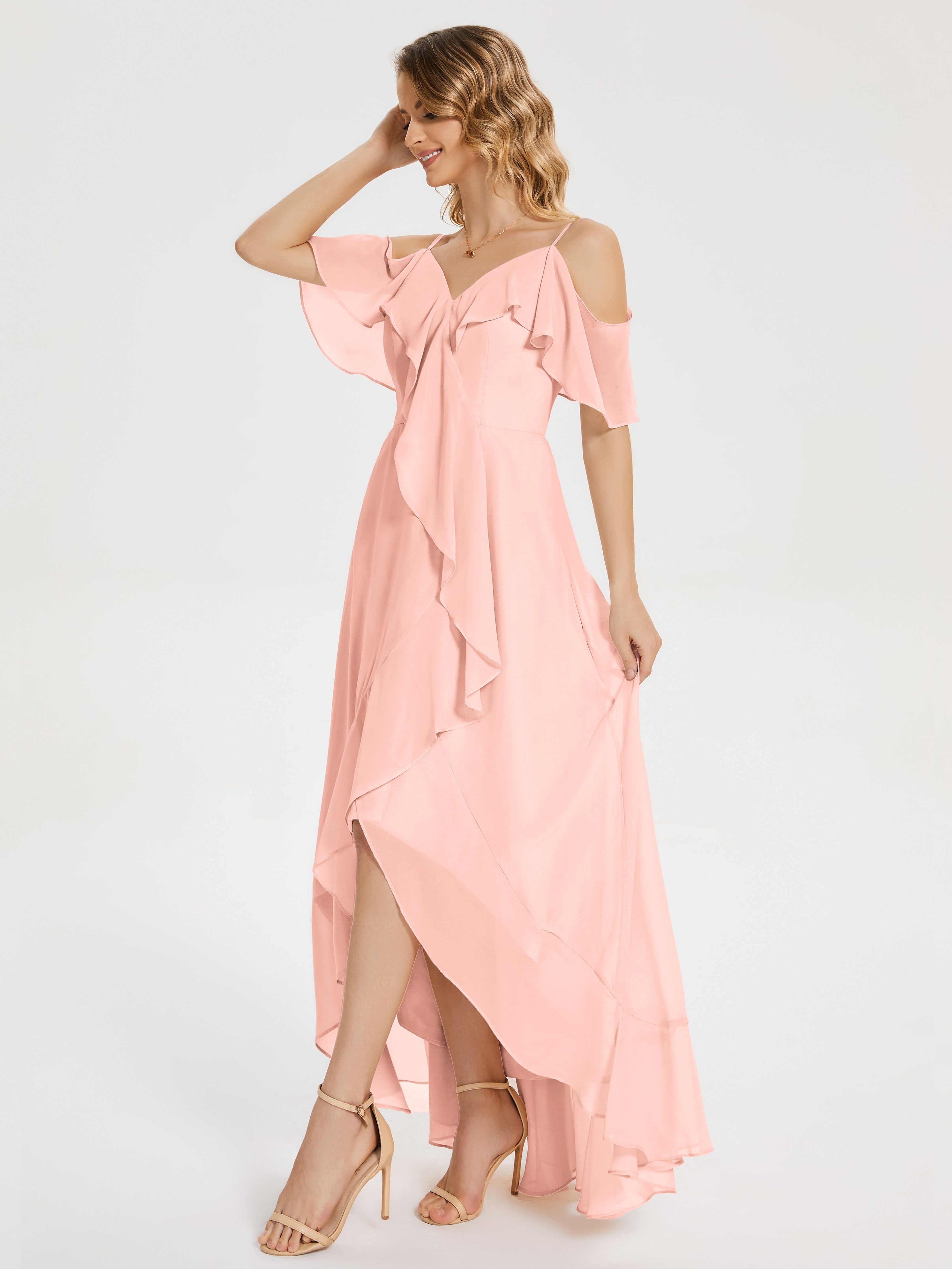 Robe Corail Demoiselle D Honneur Asymétrique Mousseline Robes Demoiselle D'Honneur À Lacet