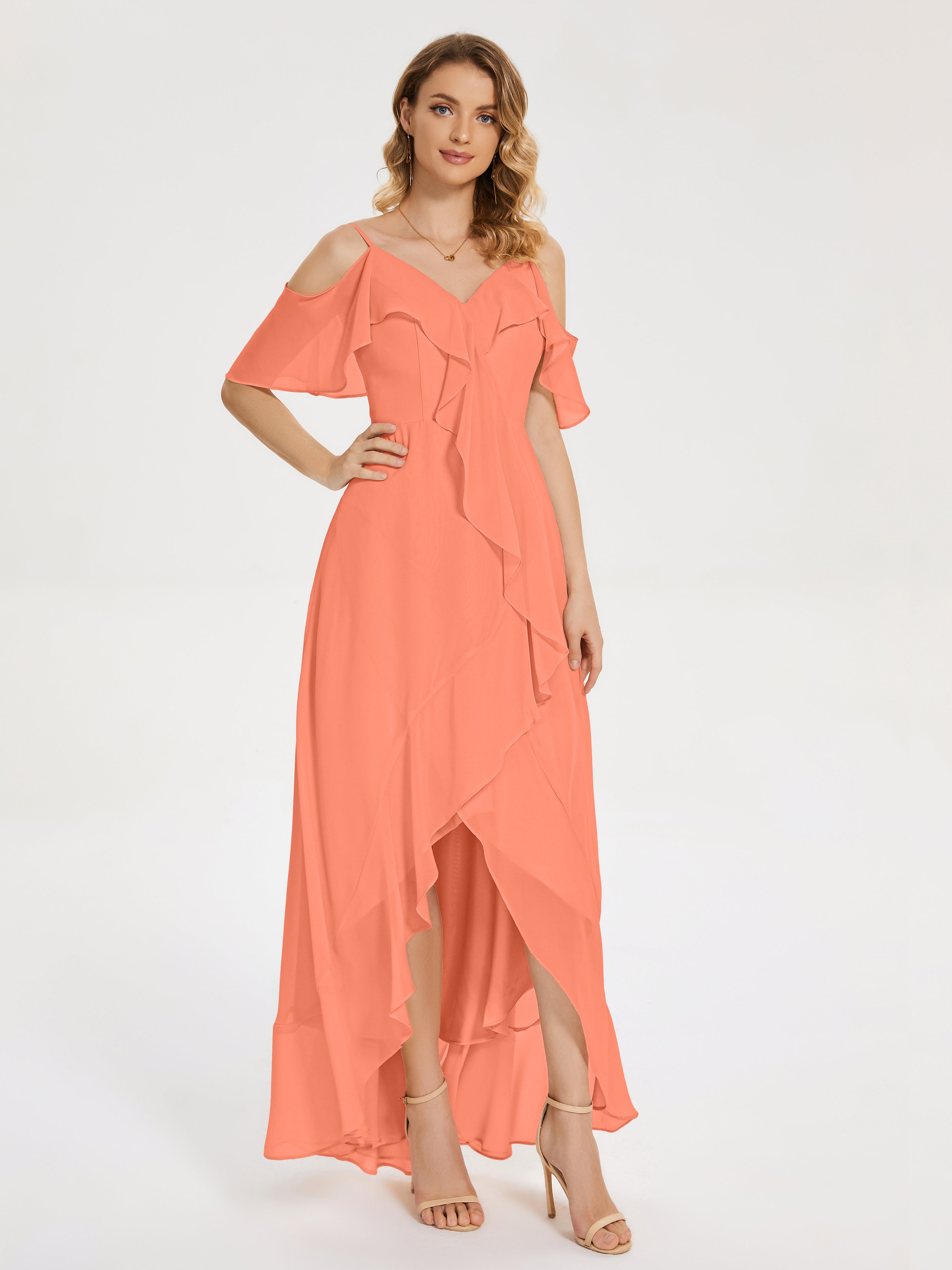 Robes De Demoiselle D'Honneur Coucher De Soleil Asymétrique Mousseline Robes Demoiselle D'Honneur À Lacet
