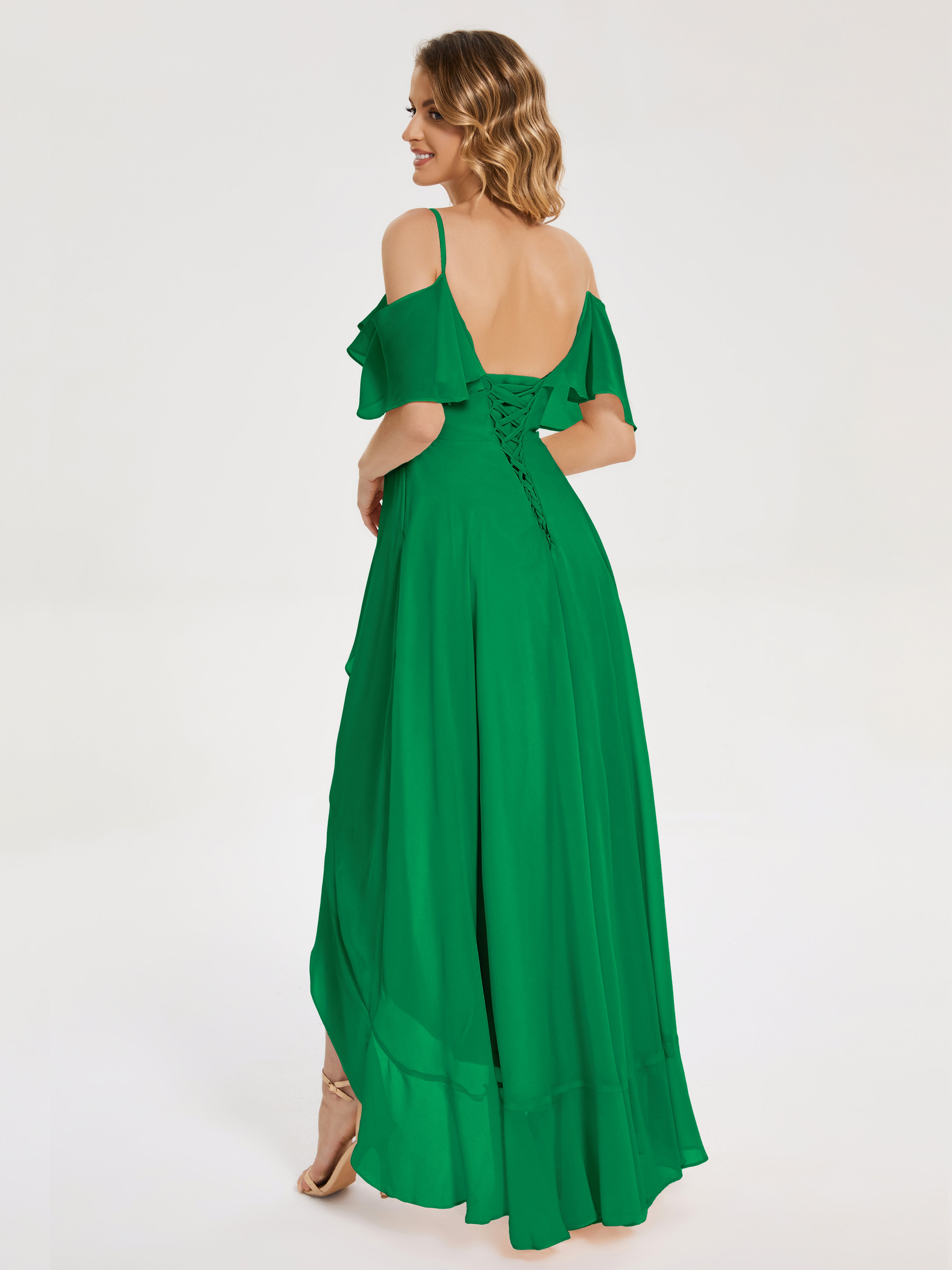 Robe Demoiselle D Honneur Vert Émeraude Asymétrique Mousseline Robes Demoiselle D'Honneur À Lacet