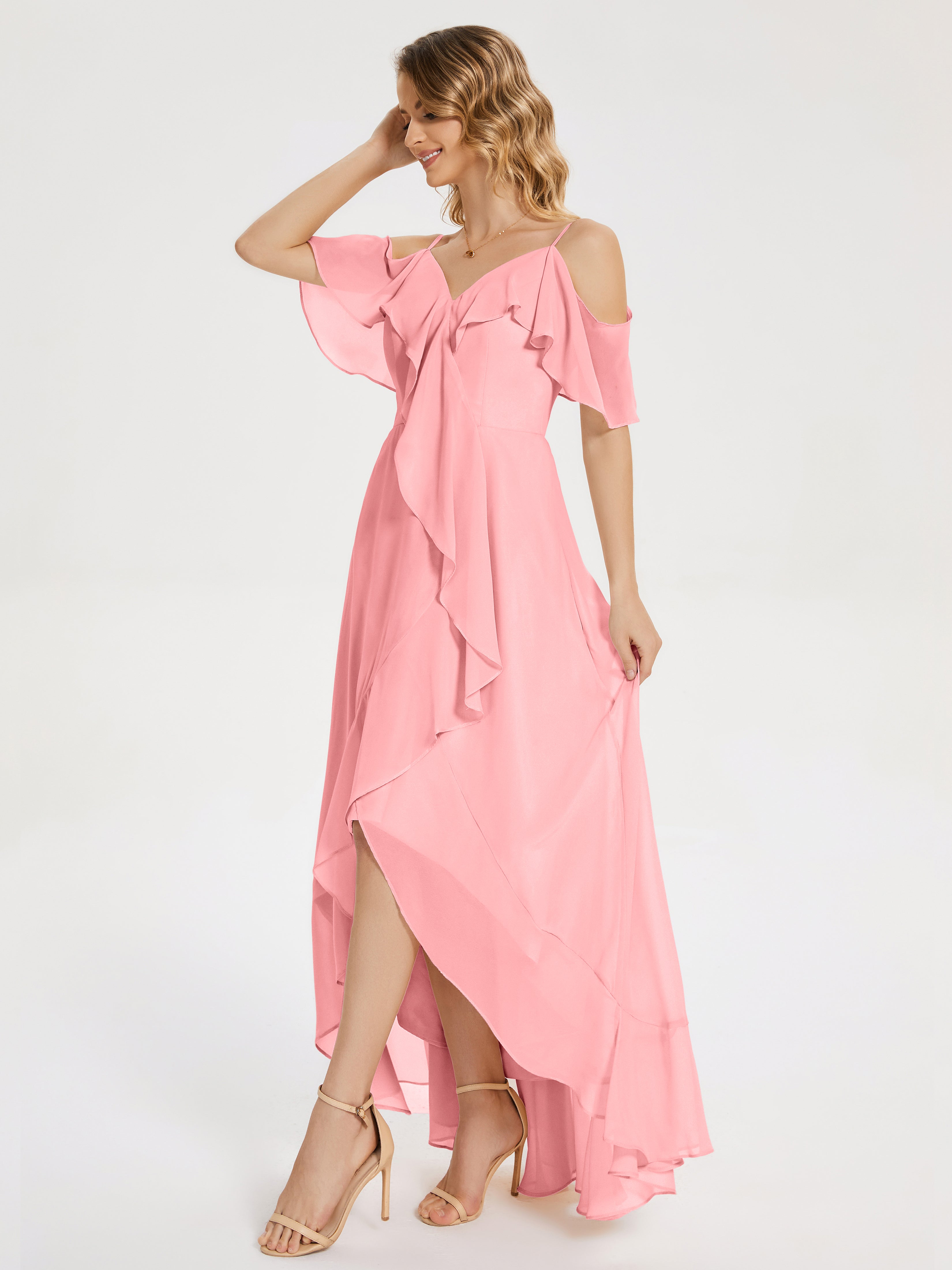 Robes De Demoiselle D'Honneur En Flamant Asymétrique Mousseline Robes Demoiselle D'Honneur À Lacet