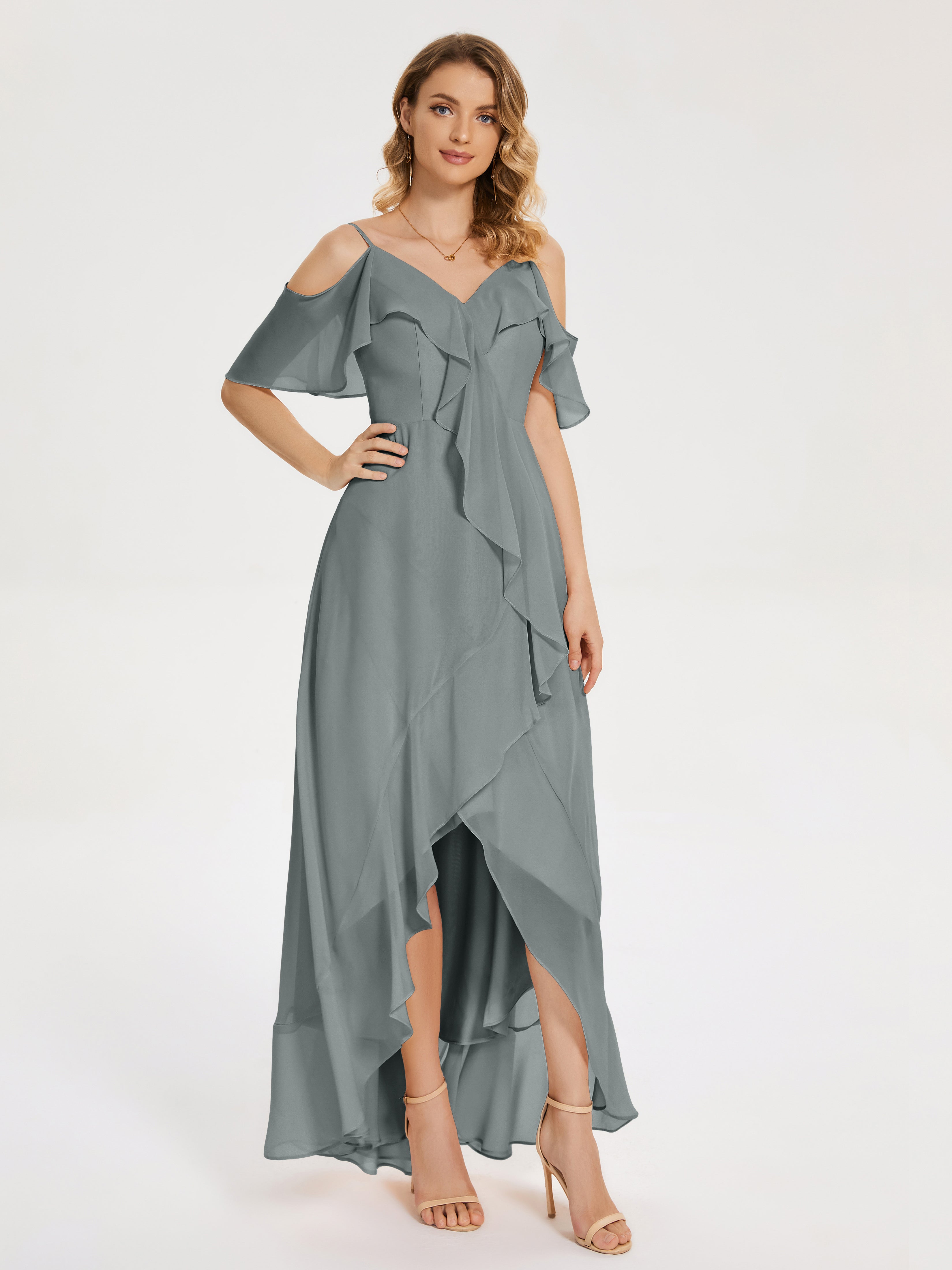 Robe Grise Demoiselle D Honneur Asymétrique Mousseline Robes Demoiselle D'Honneur À Lacet