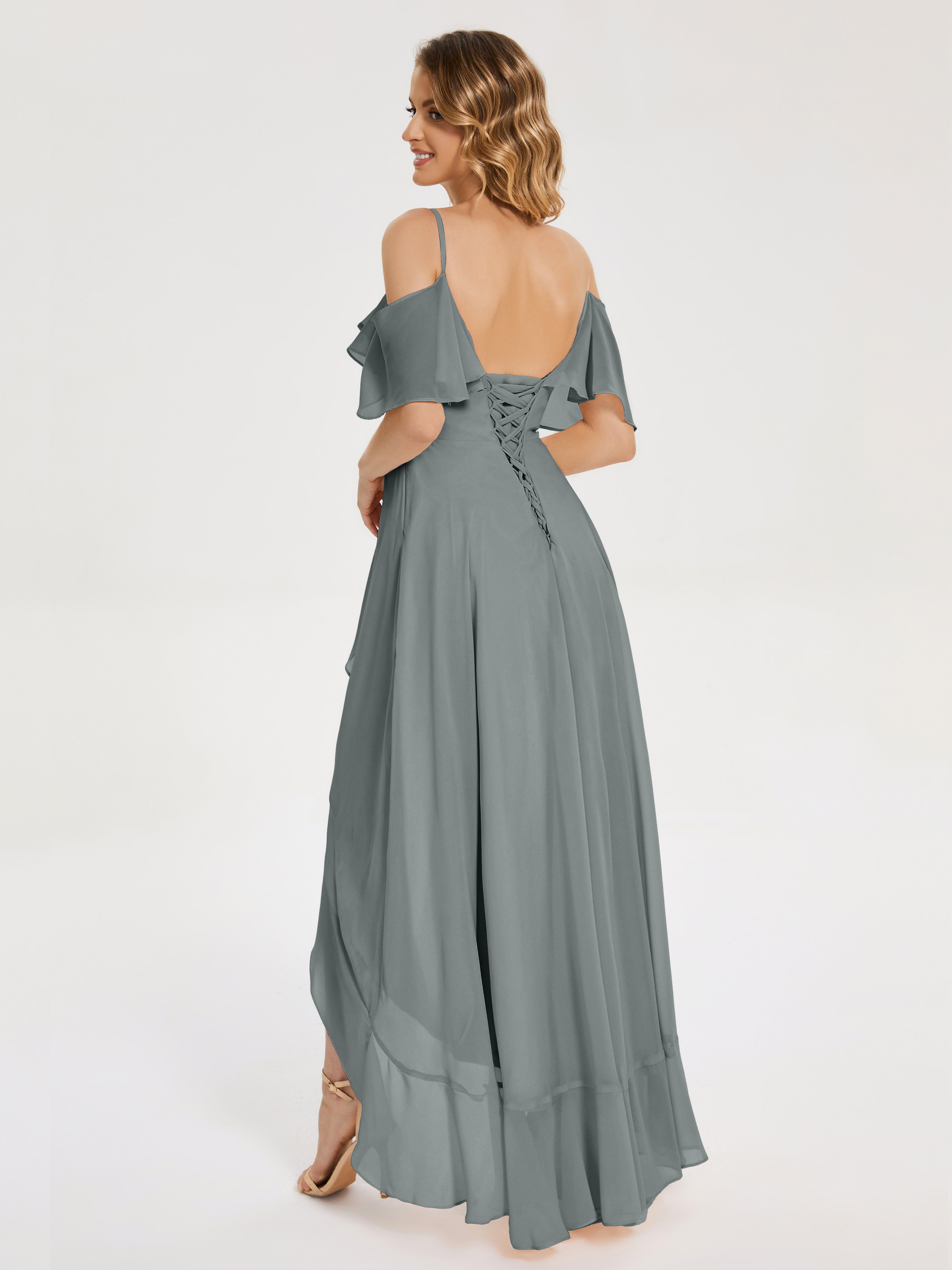 Robe Grise Demoiselle D Honneur Asymétrique Mousseline Robes Demoiselle D'Honneur À Lacet