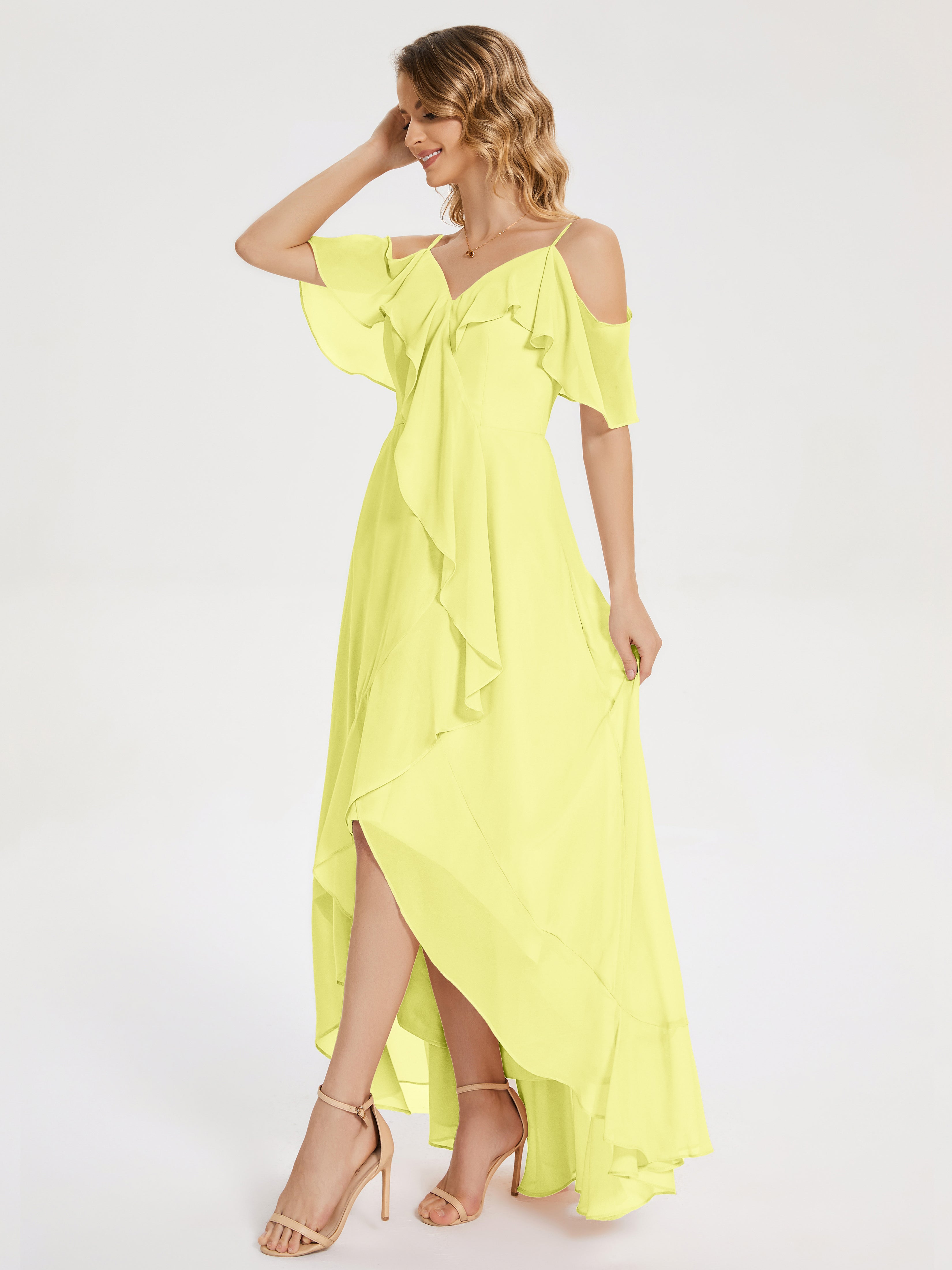 Robes De Demoiselle D'Honneur Jonquille Asymétrique Mousseline Robes Demoiselle D'Honneur À Lacet