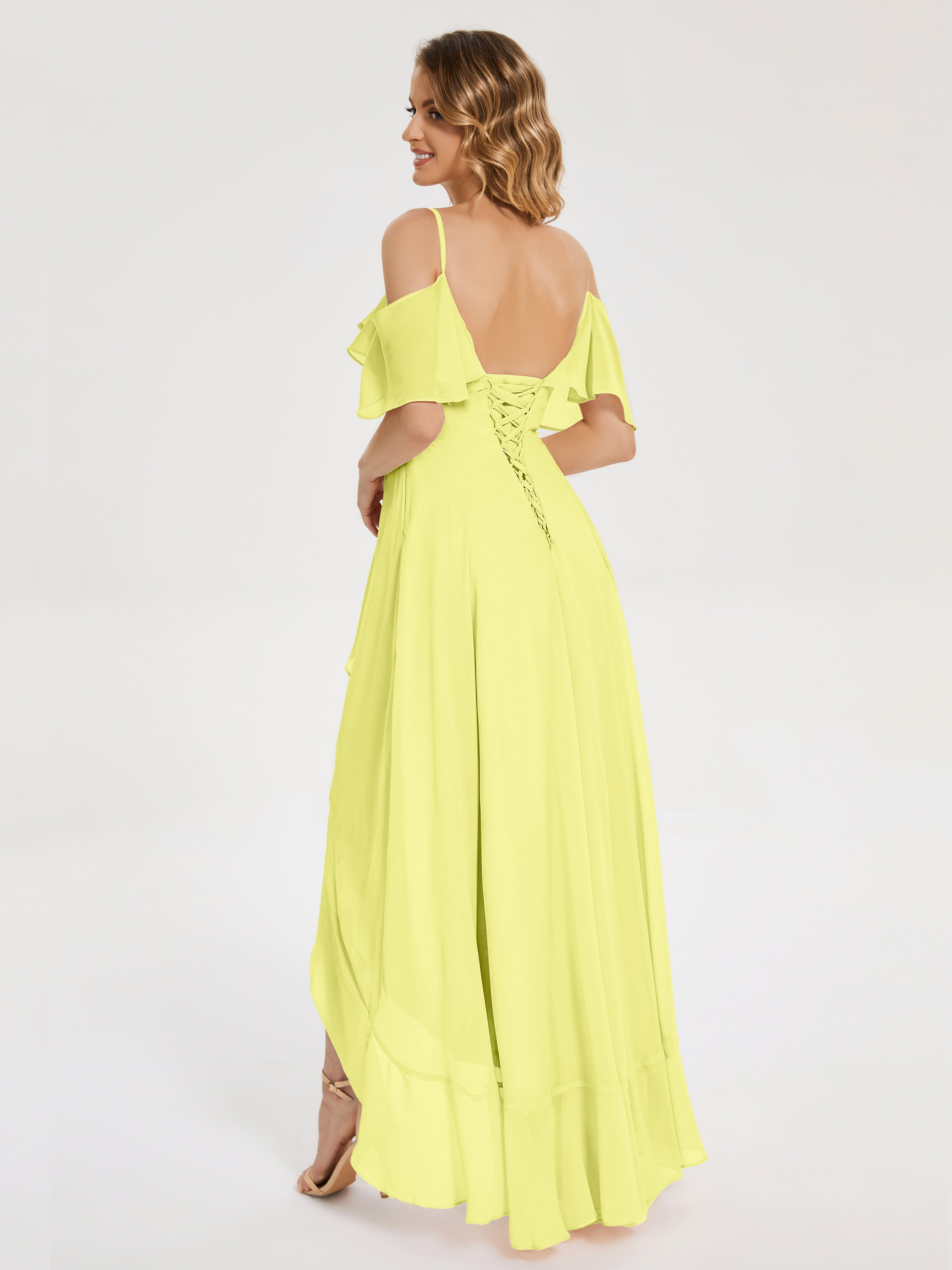 Robes De Demoiselle D'Honneur Jonquille Asymétrique Mousseline Robes Demoiselle D'Honneur À Lacet