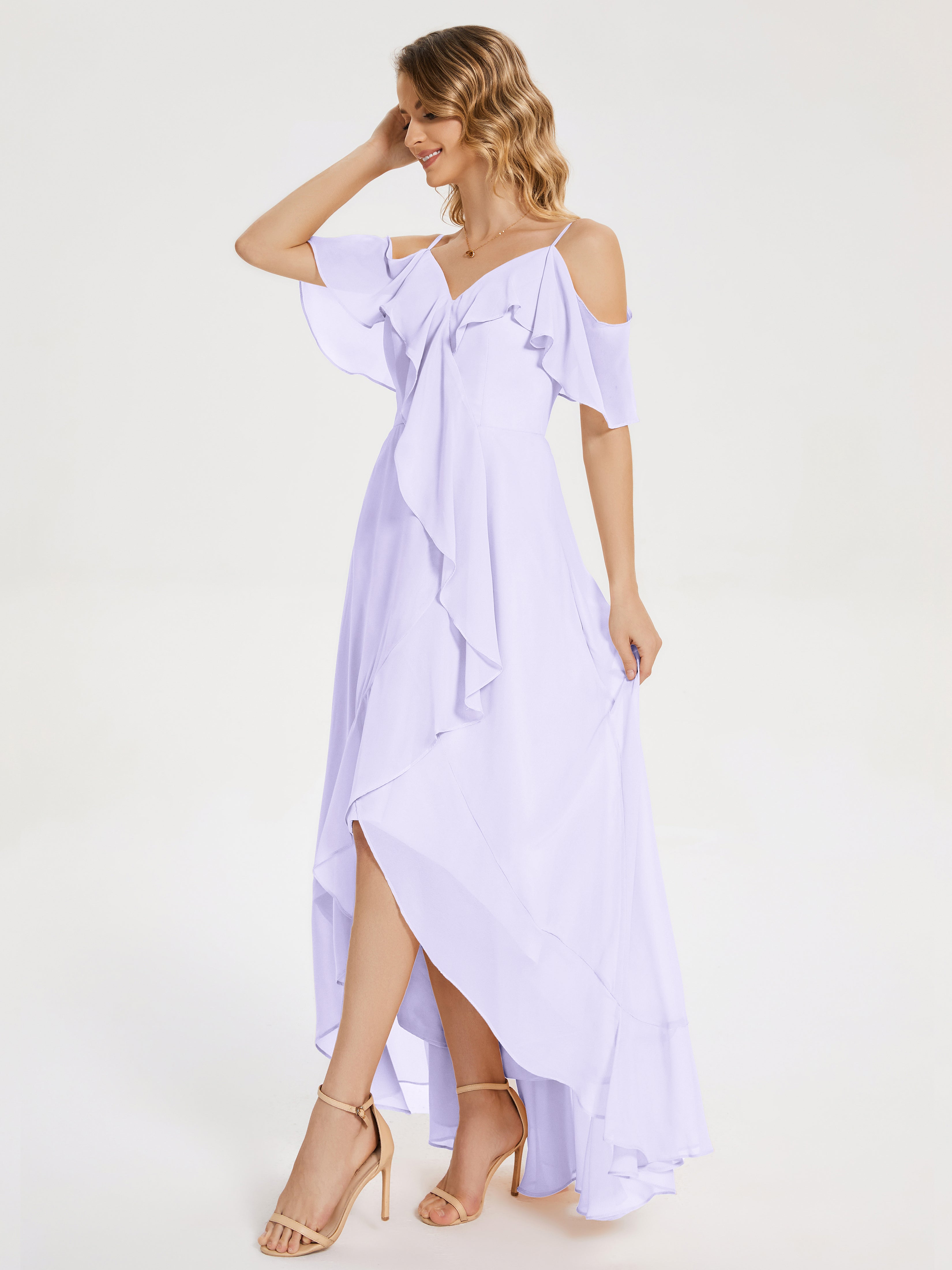 Robe Lilas Demoiselle D Honneur Asymétrique Mousseline Robes Demoiselle D'Honneur À Lacet