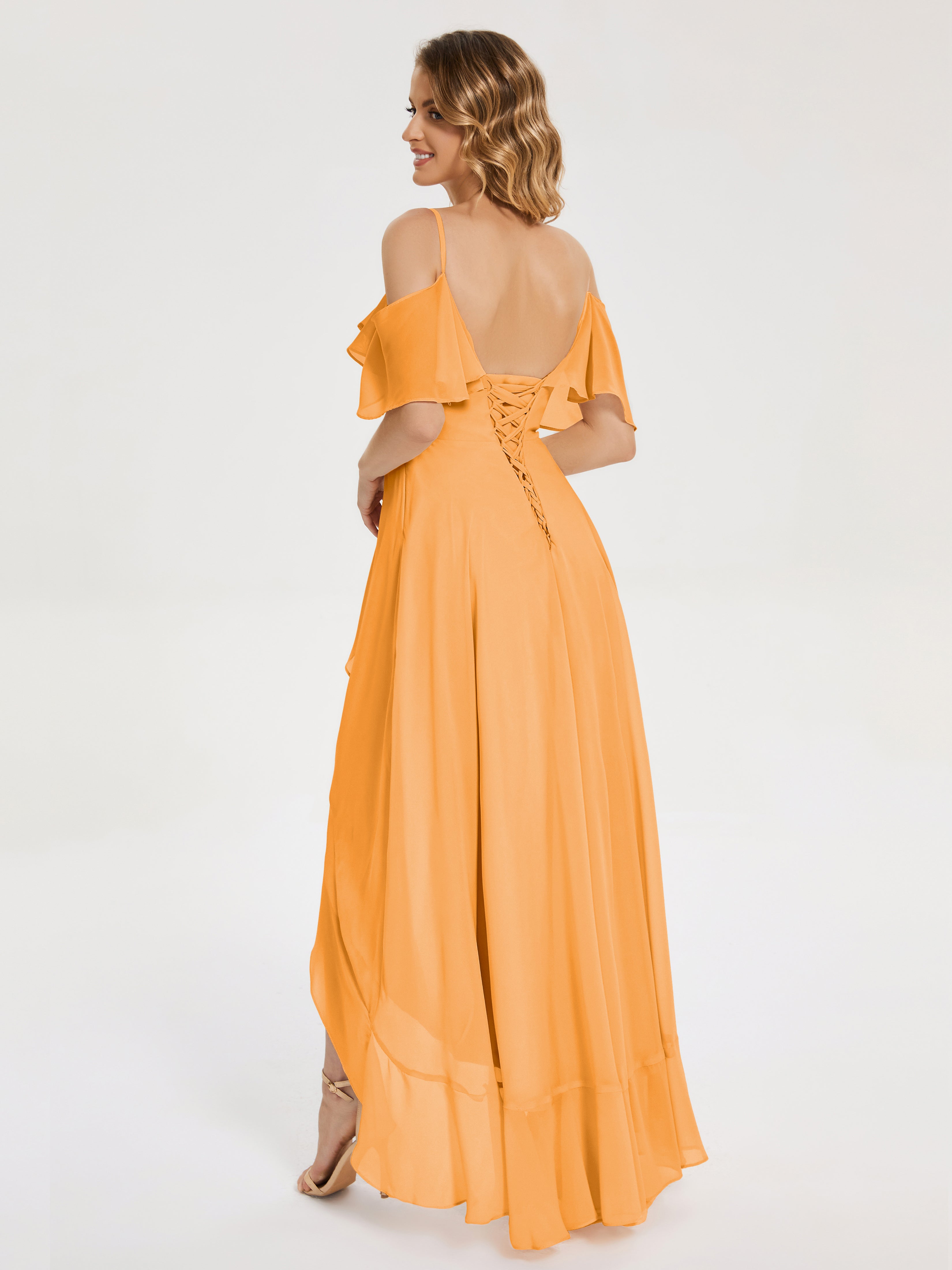 Robes De Demoiselle D'Honneur Mandarine Asymétrique Mousseline Robes Demoiselle D'Honneur À Lacet
