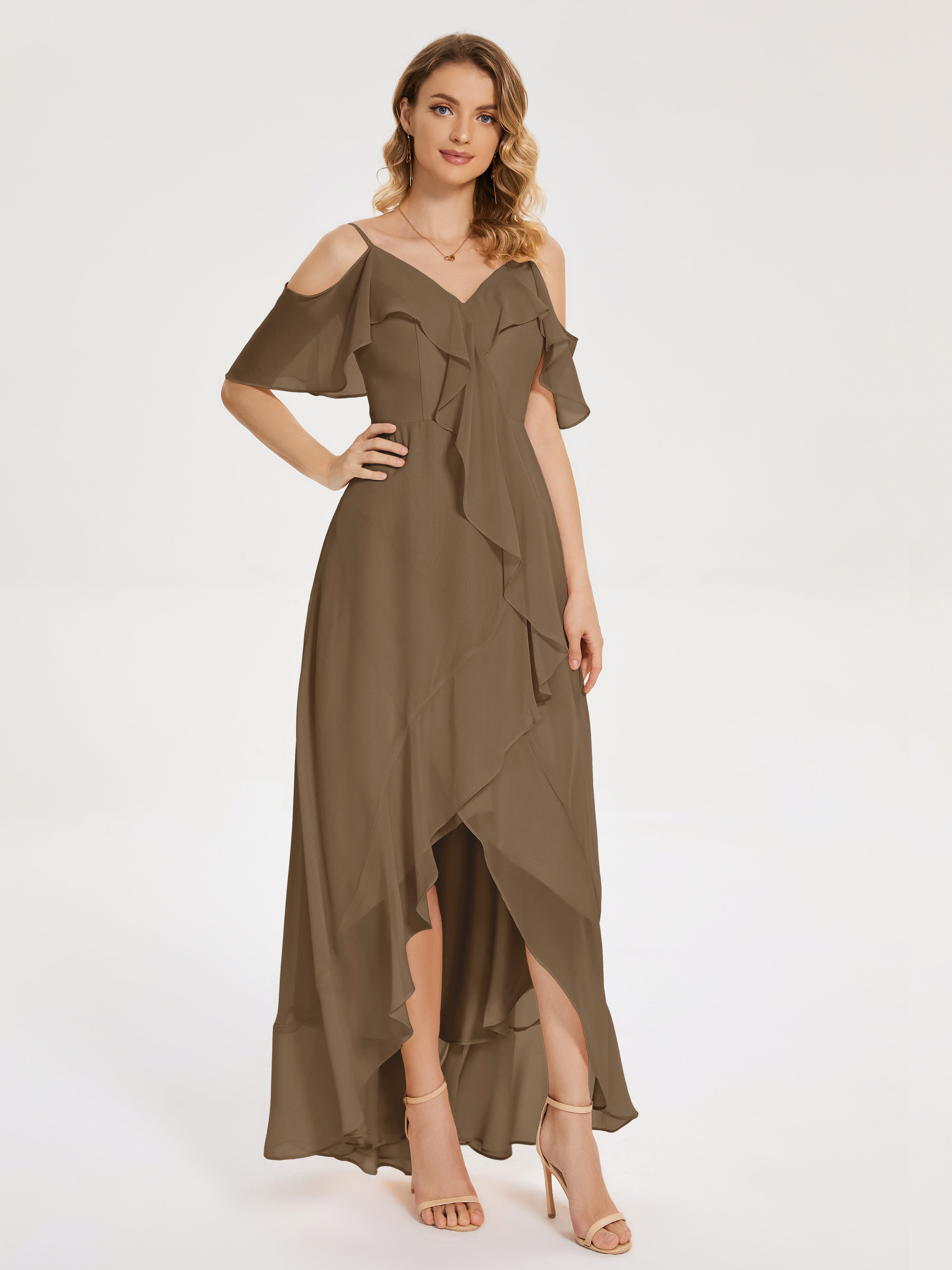 Robe De Demoiselle D'Honneur Moka Asymétrique Mousseline Robes Demoiselle D'Honneur À Lacet