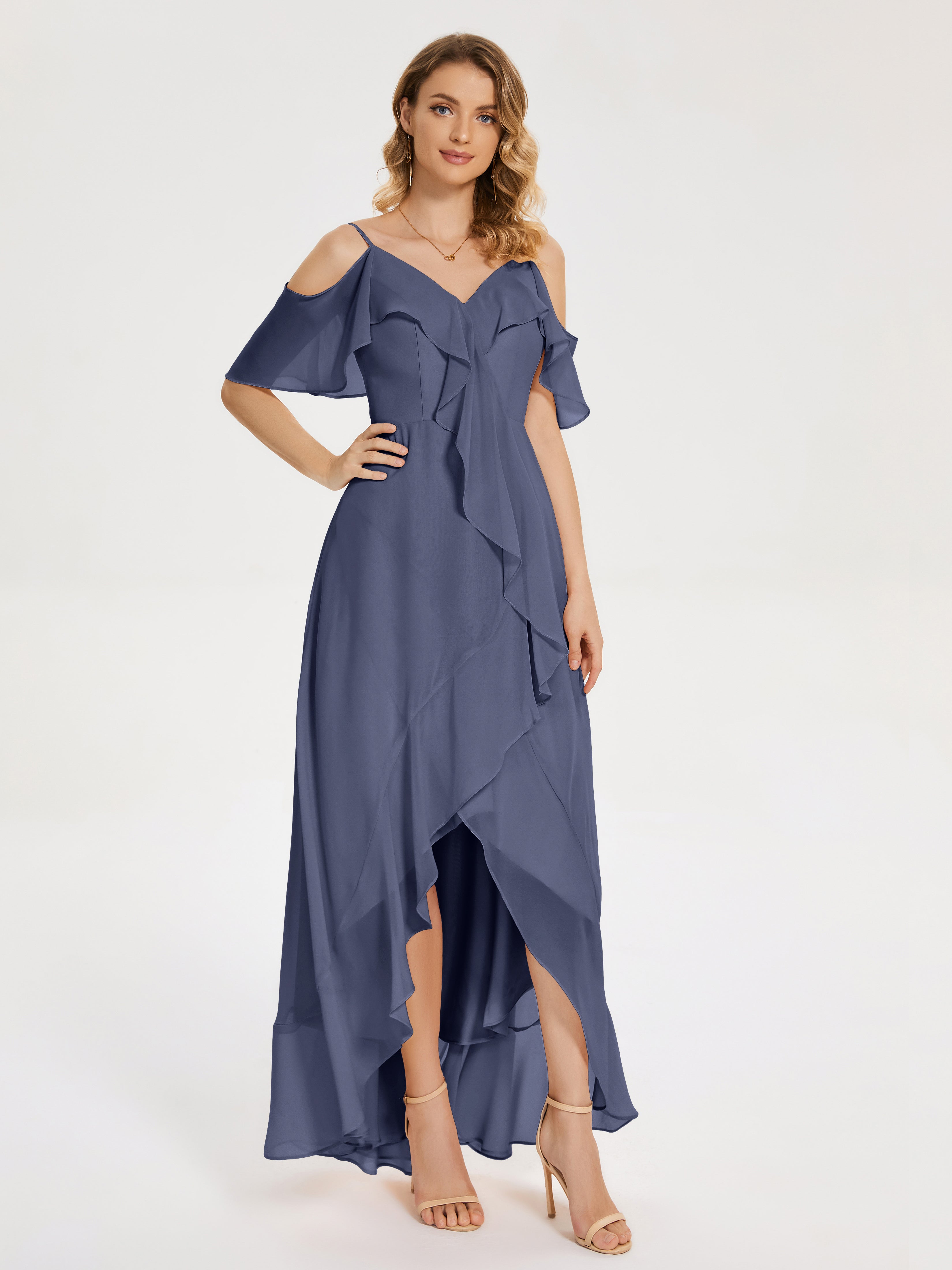Robes De Demoiselle D'Honneur Bleu Orageux Asymétrique Mousseline Robes Demoiselle D'Honneur À Lacet