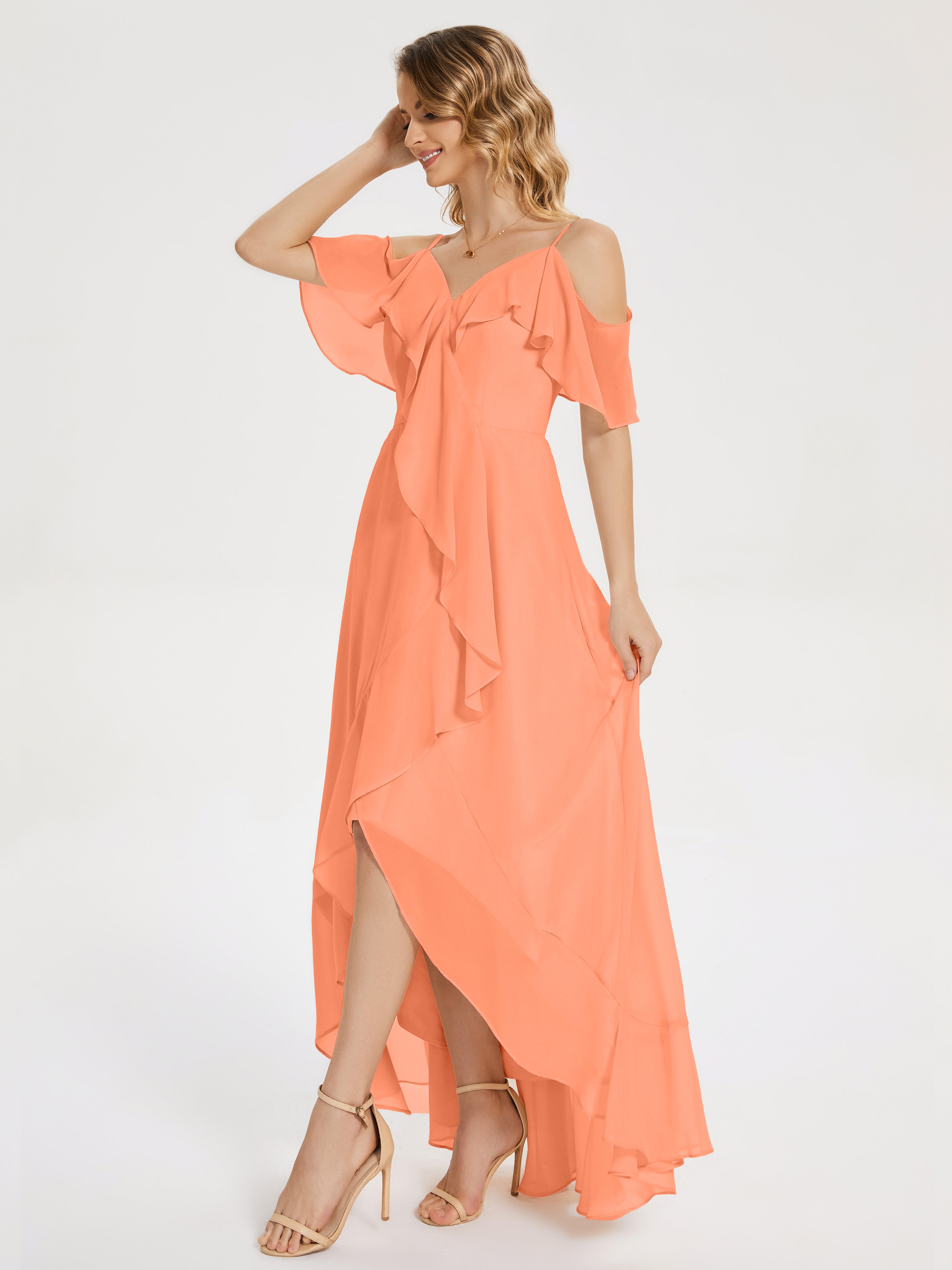 Robes De Demoiselle D'Honneur Papaye Asymétrique Mousseline Robes Demoiselle D'Honneur À Lacet