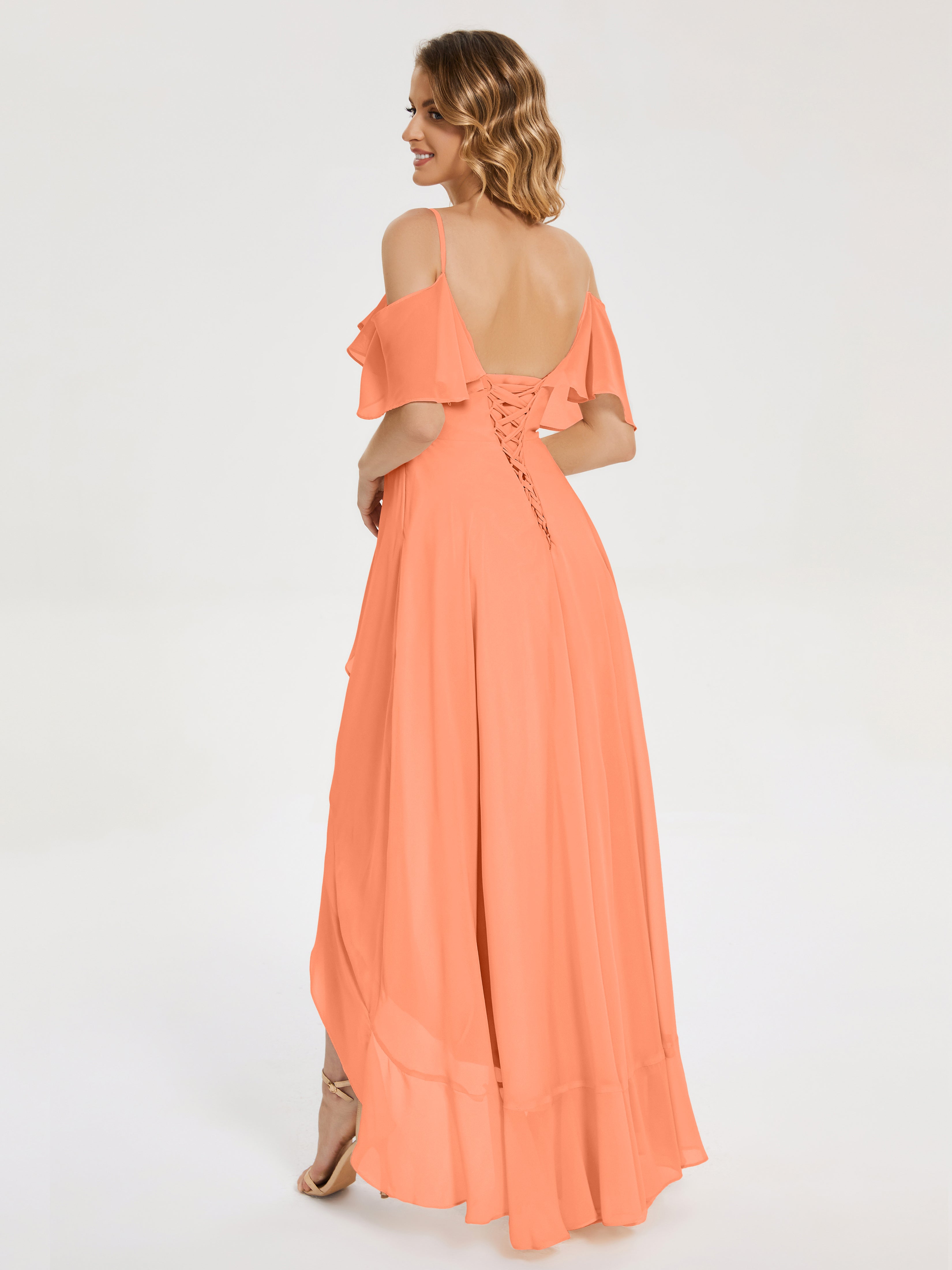 Robes De Demoiselle D'Honneur Papaye Asymétrique Mousseline Robes Demoiselle D'Honneur À Lacet