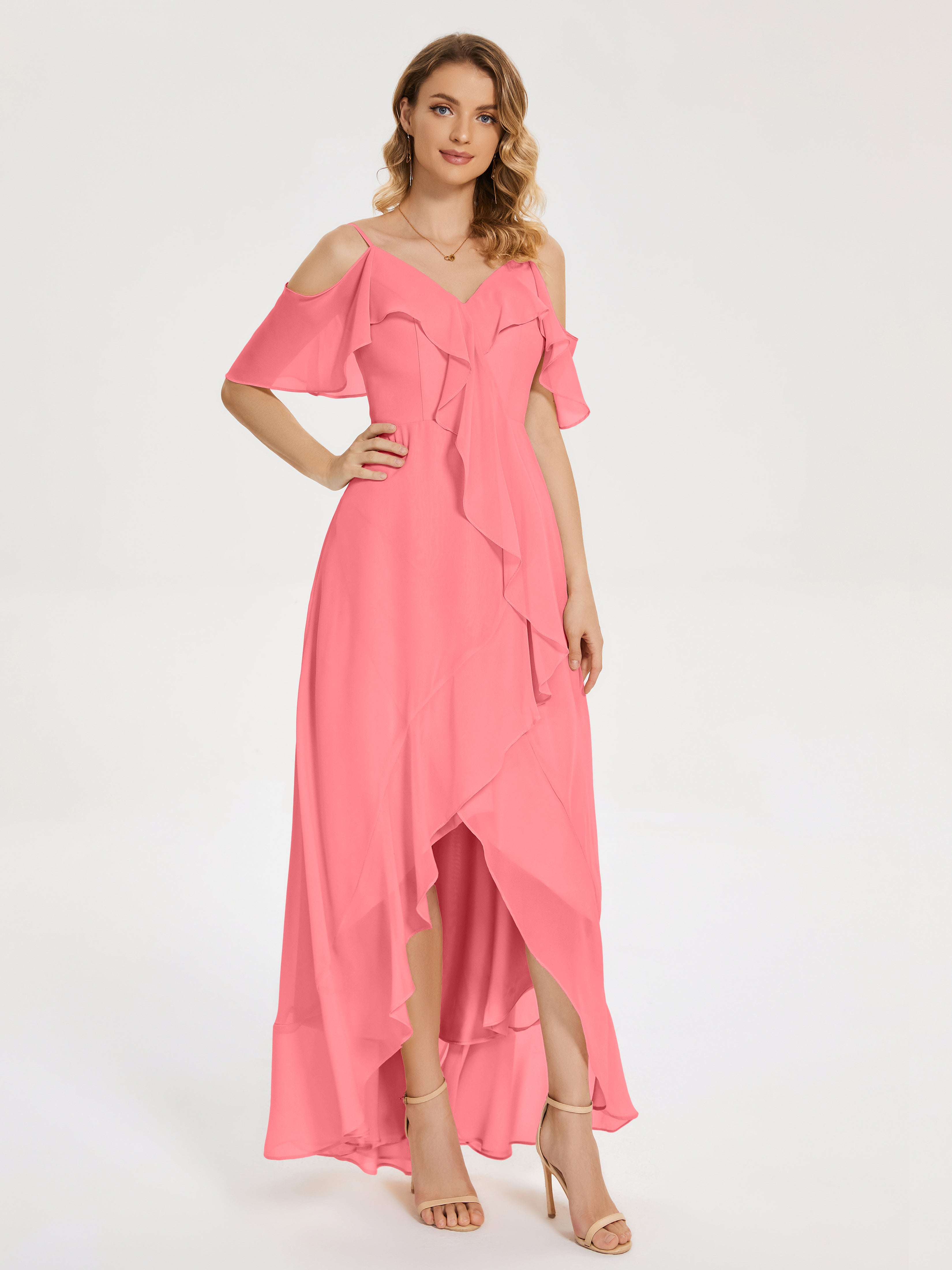 Robes De Demoiselle D'Honneur Pastèque Asymétrique Mousseline Robes Demoiselle D'Honneur À Lacet