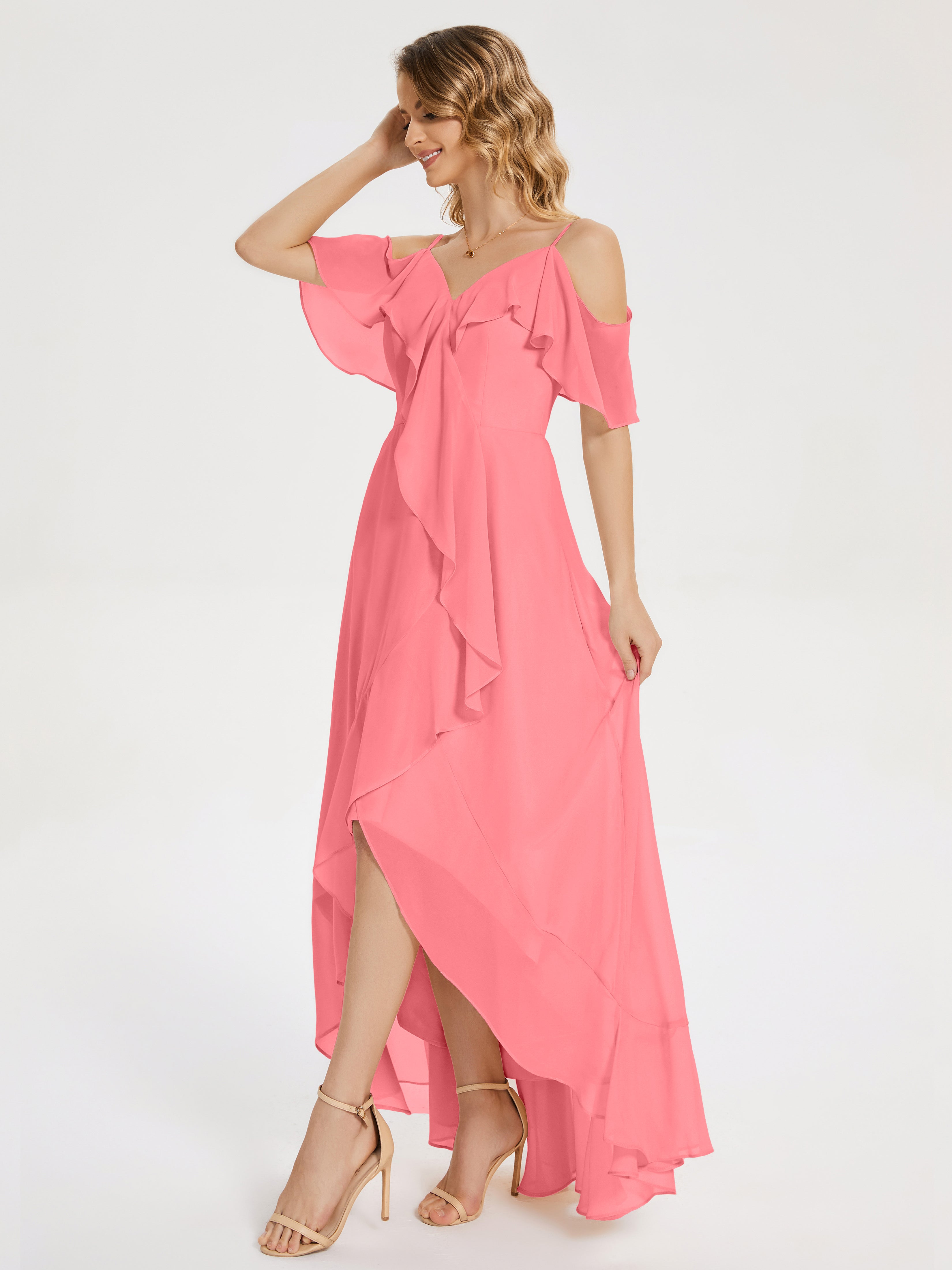 Robes De Demoiselle D'Honneur Pastèque Asymétrique Mousseline Robes Demoiselle D'Honneur À Lacet