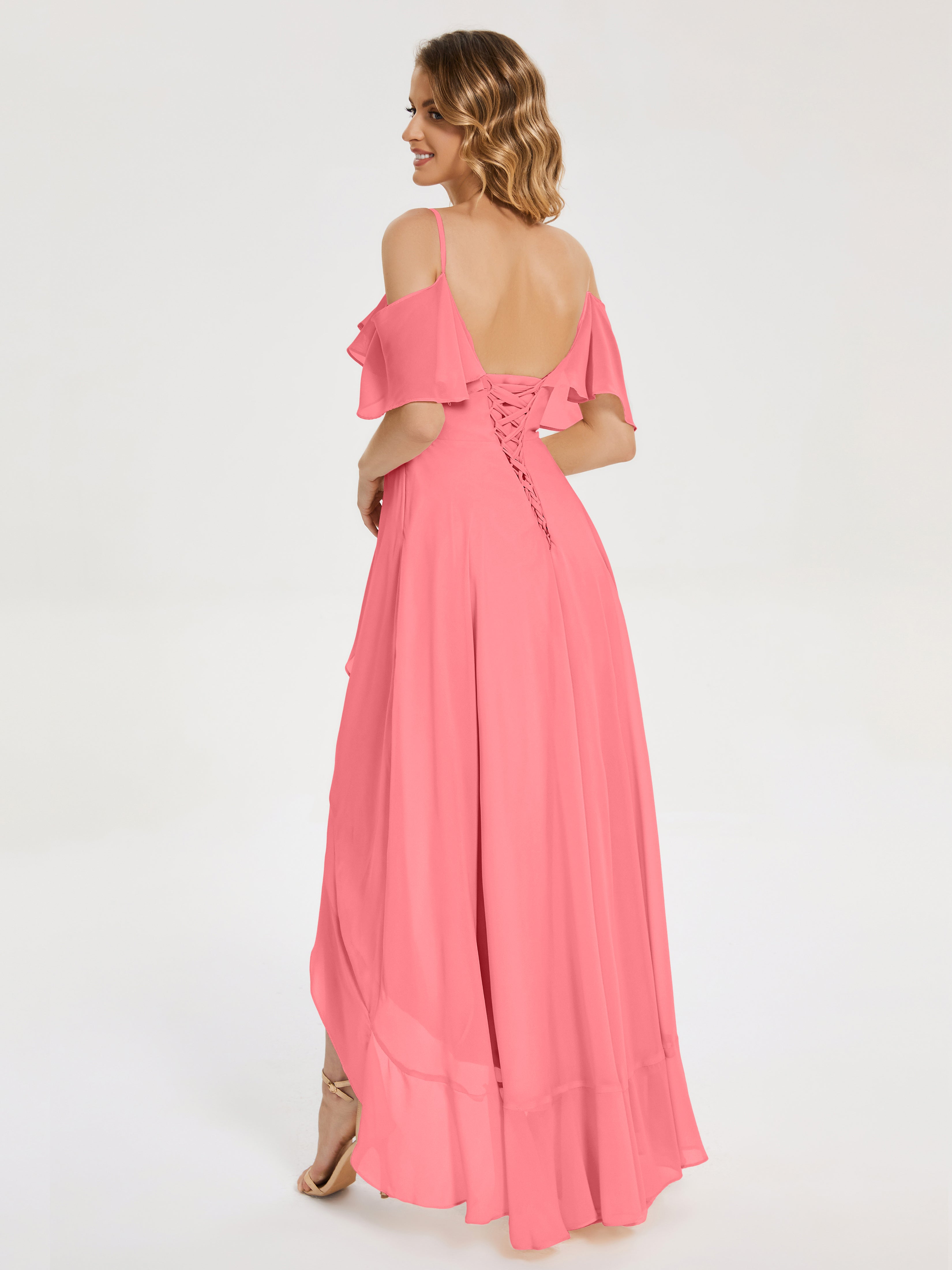 Robes De Demoiselle D'Honneur Pastèque Asymétrique Mousseline Robes Demoiselle D'Honneur À Lacet