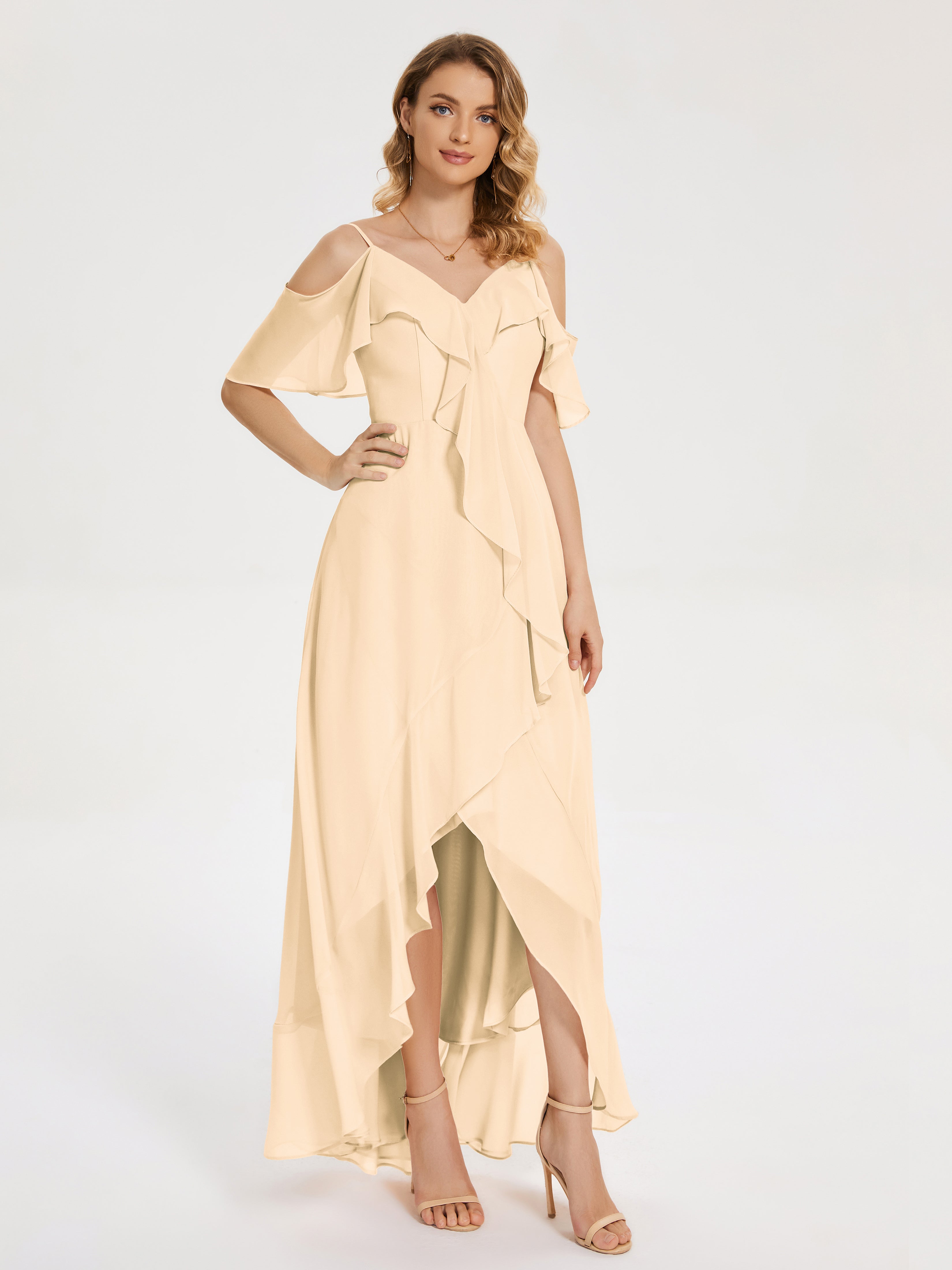 Robe Demoiselle D Honneur Pêche Asymétrique Mousseline Robes Demoiselle D'Honneur À Lacet