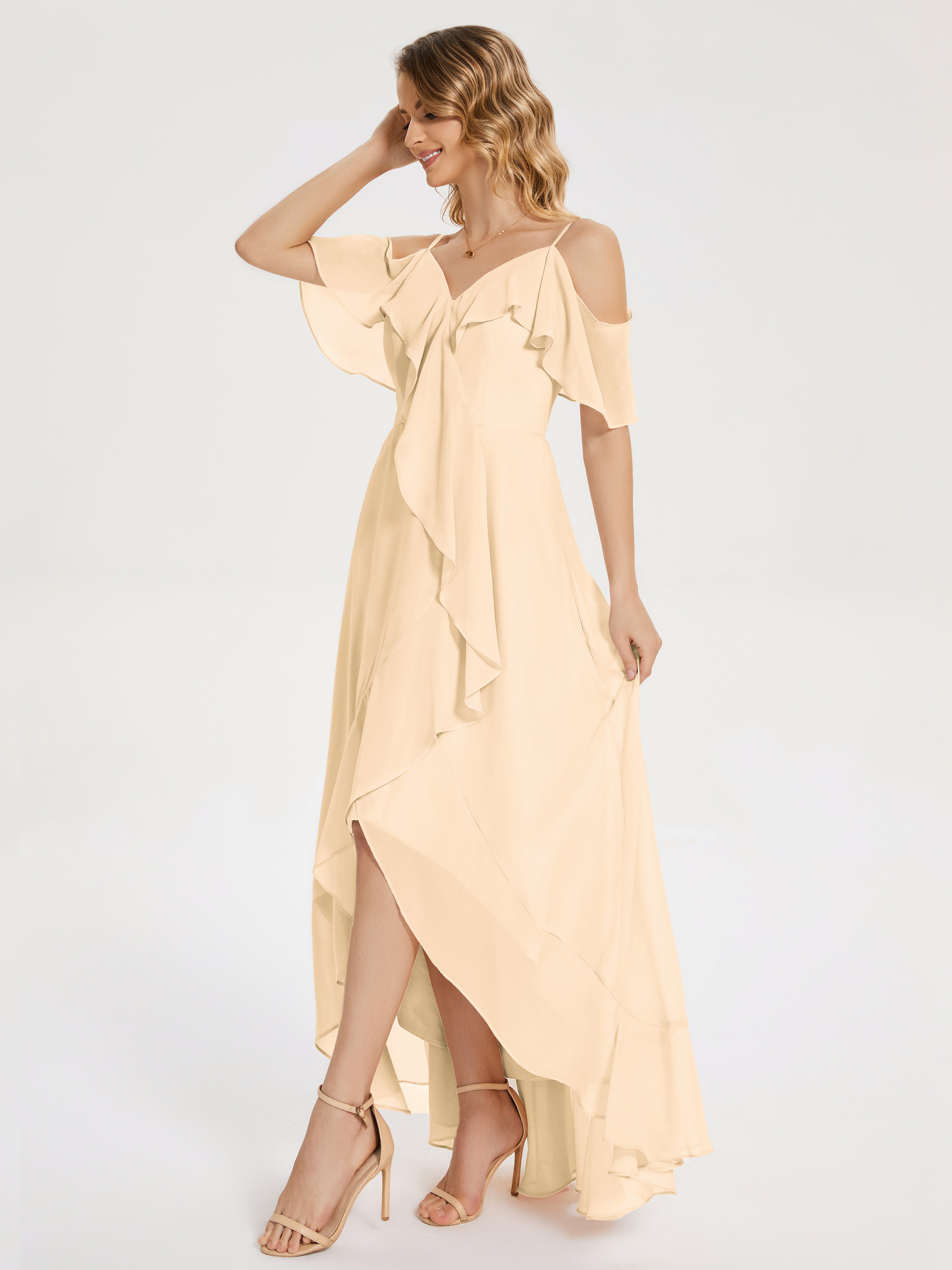 Robe Demoiselle D Honneur Pêche Asymétrique Mousseline Robes Demoiselle D'Honneur À Lacet
