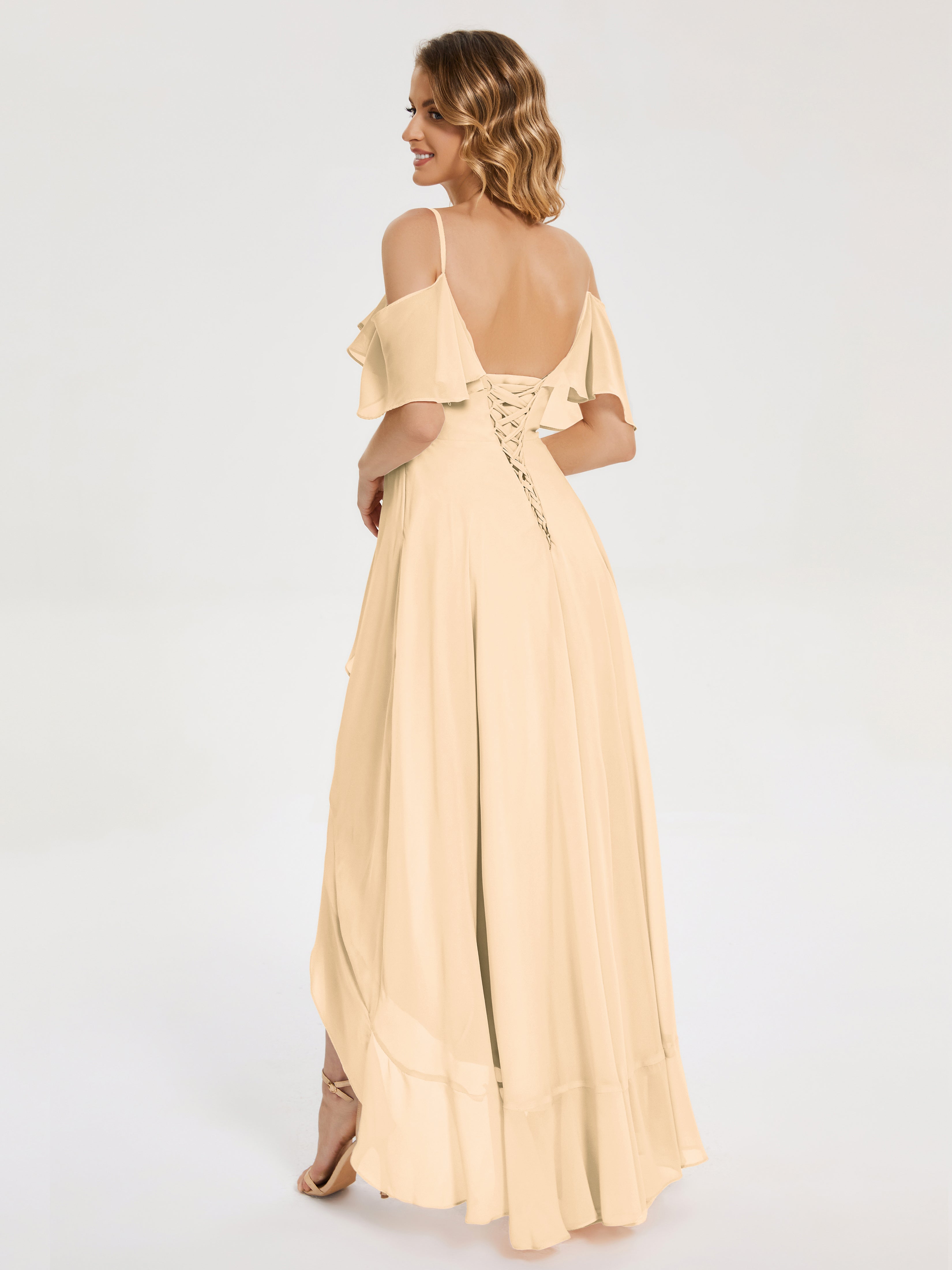 Robe Demoiselle D Honneur Pêche Asymétrique Mousseline Robes Demoiselle D'Honneur À Lacet