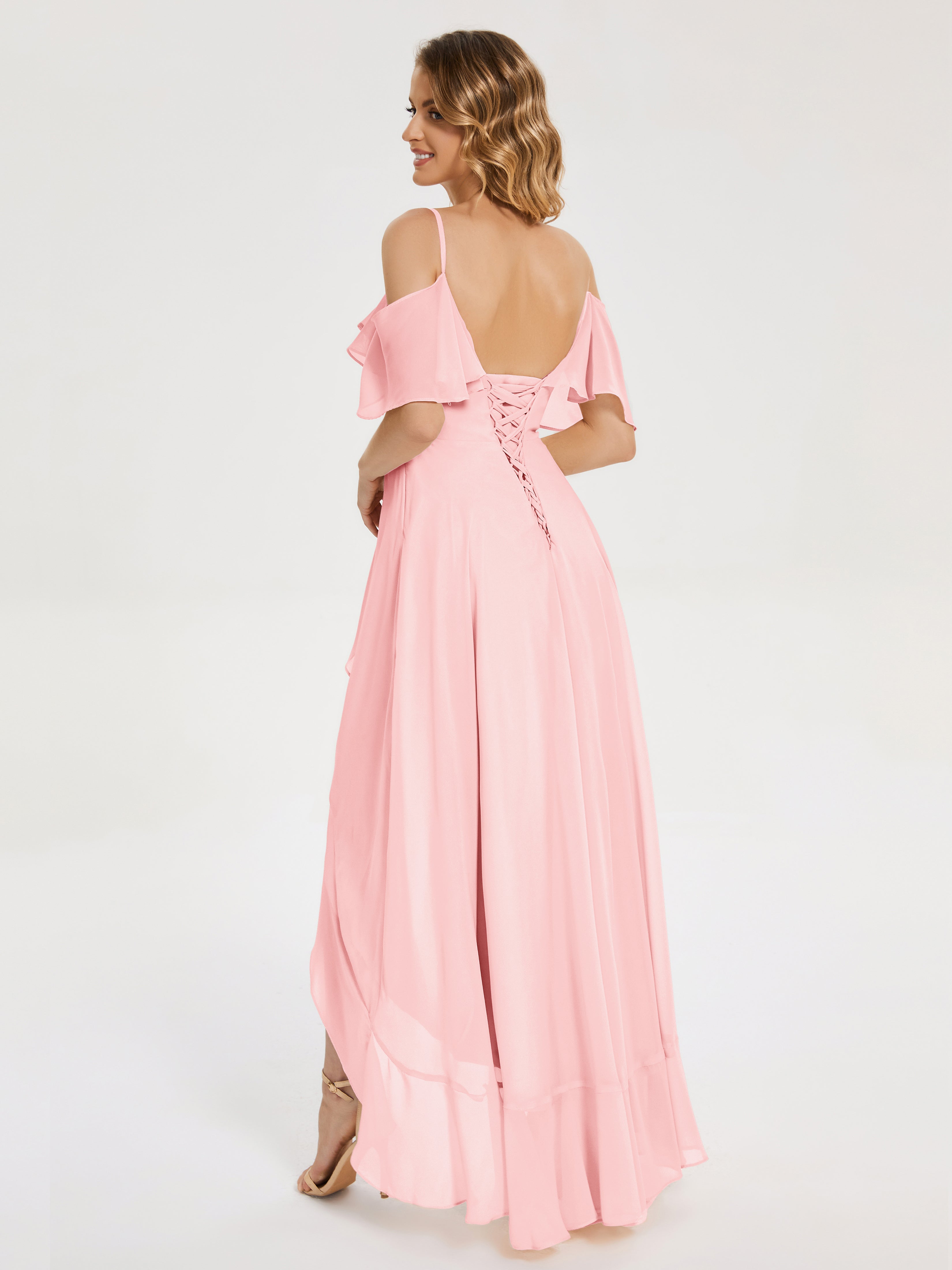 Robes De Demoiselle D'Honneur Rose Mauve Asymétrique Mousseline Robes Demoiselle D'Honneur À Lacet