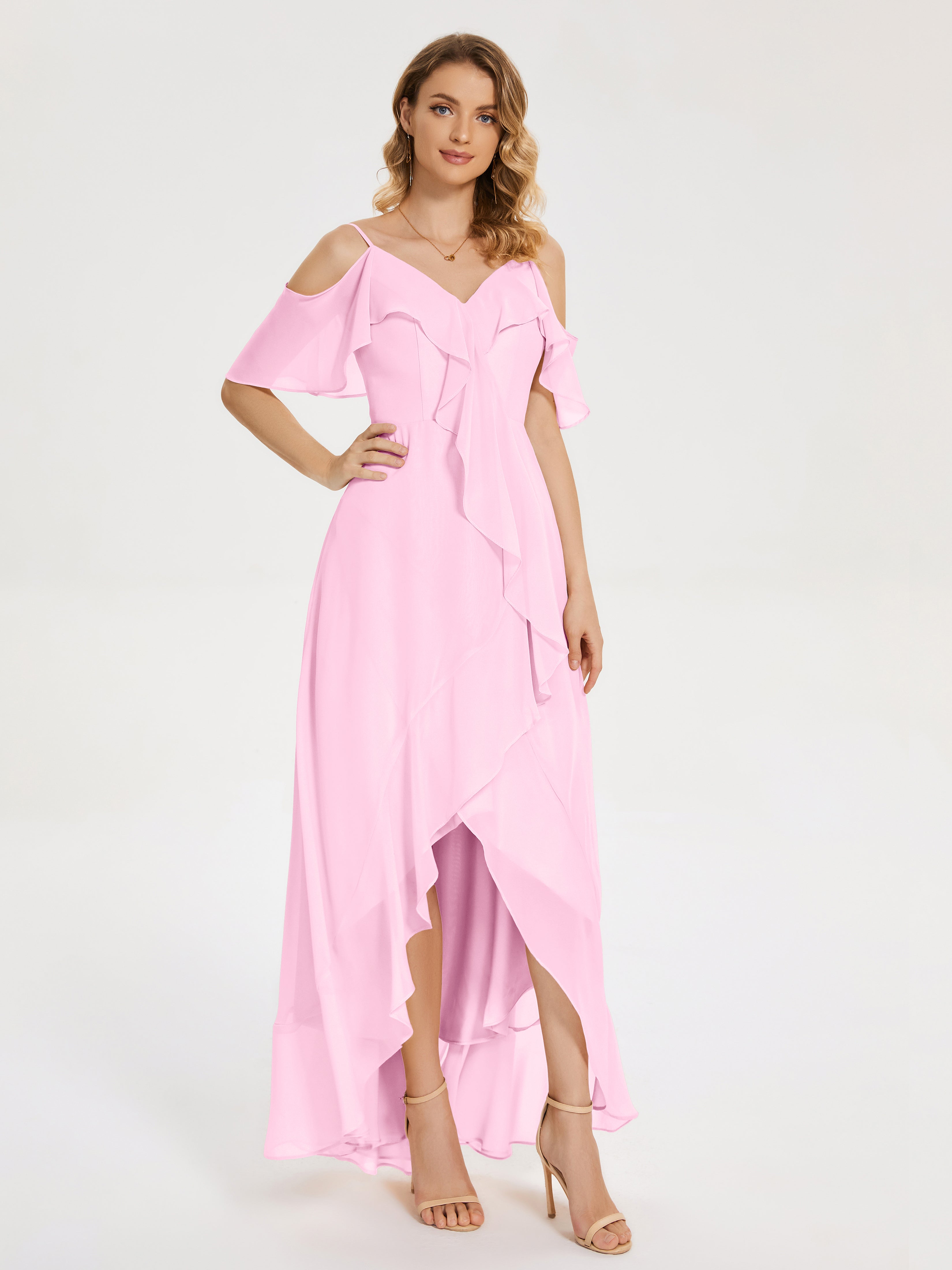 Robes De Demoiselle D'Honneur Rose Bonbon Asymétrique Mousseline Robes Demoiselle D'Honneur À Lacet