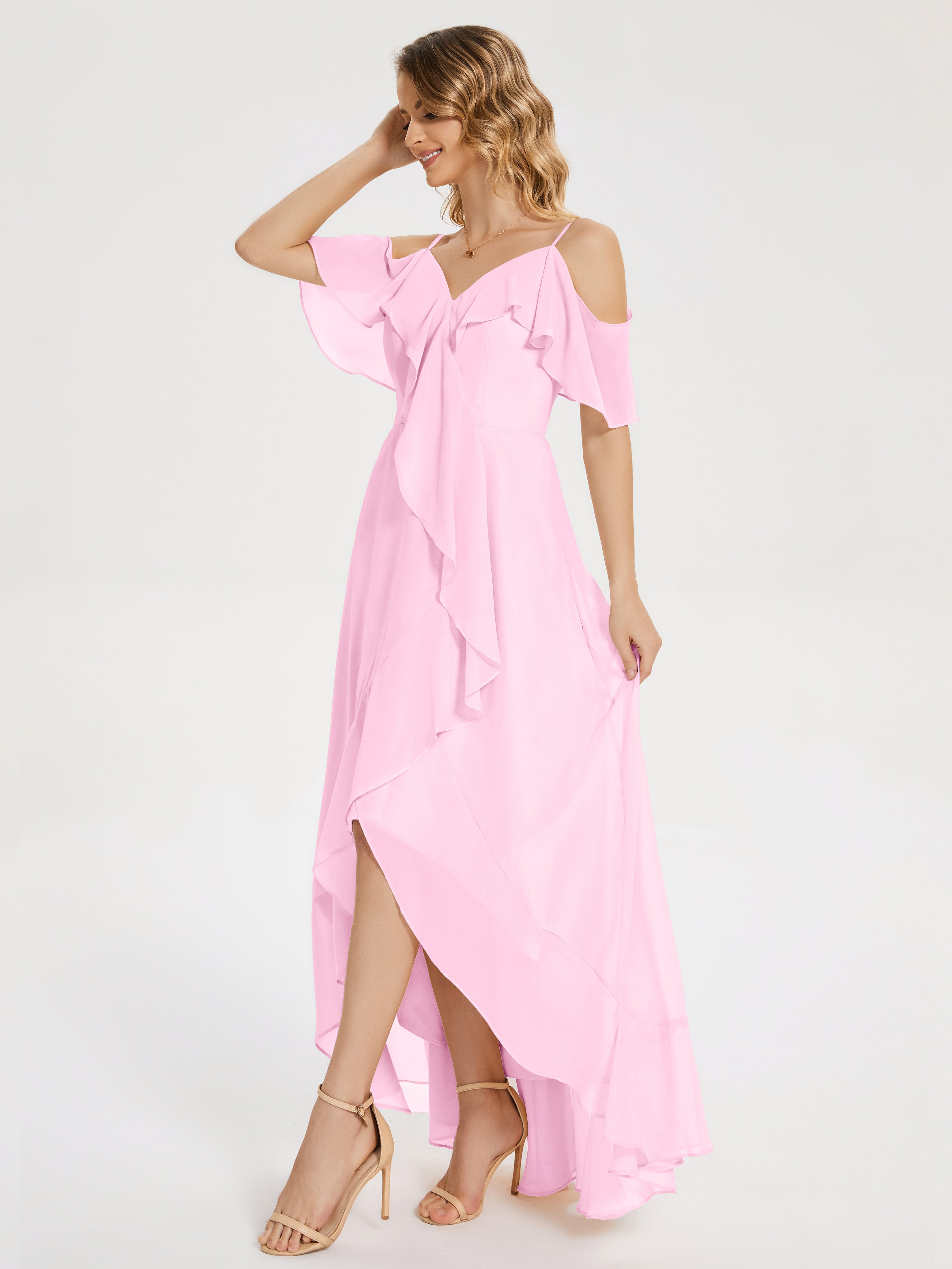 Robes De Demoiselle D'Honneur Rose Bonbon Asymétrique Mousseline Robes Demoiselle D'Honneur À Lacet