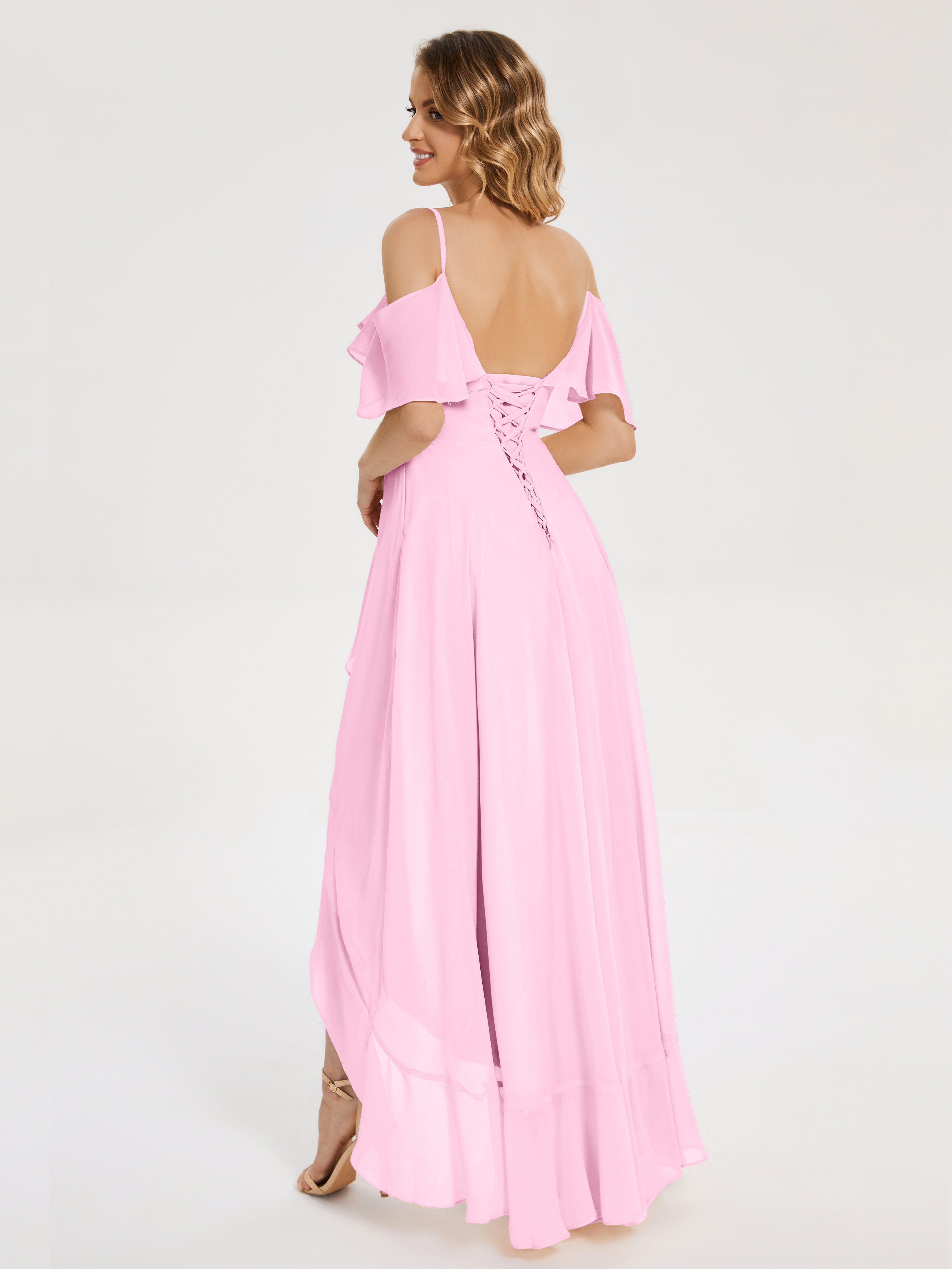 Robes De Demoiselle D'Honneur Rose Bonbon Asymétrique Mousseline Robes Demoiselle D'Honneur À Lacet