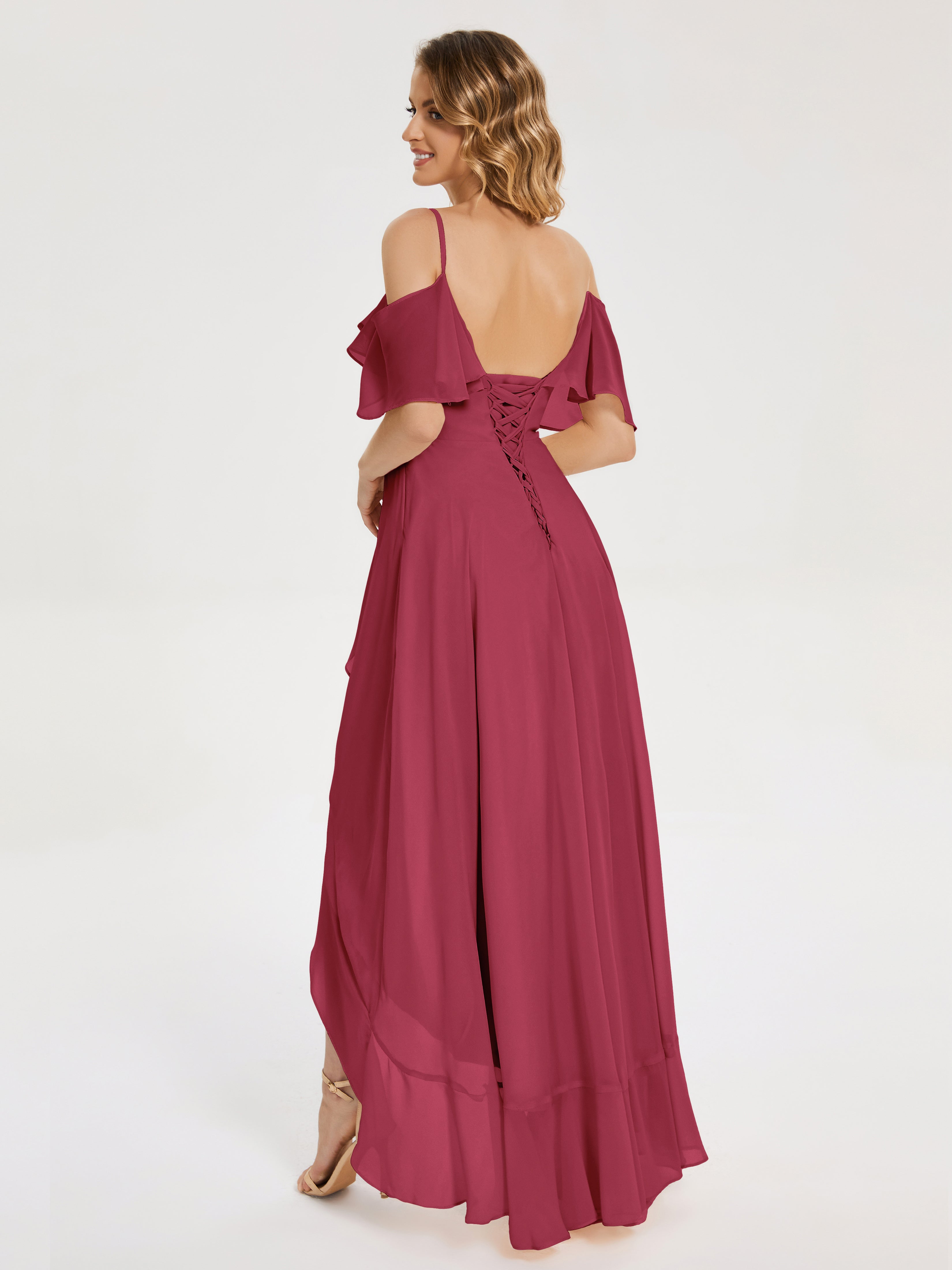 Couleur Rose Cannelle Asymétrique Mousseline Robes Demoiselle D'Honneur À Lacet