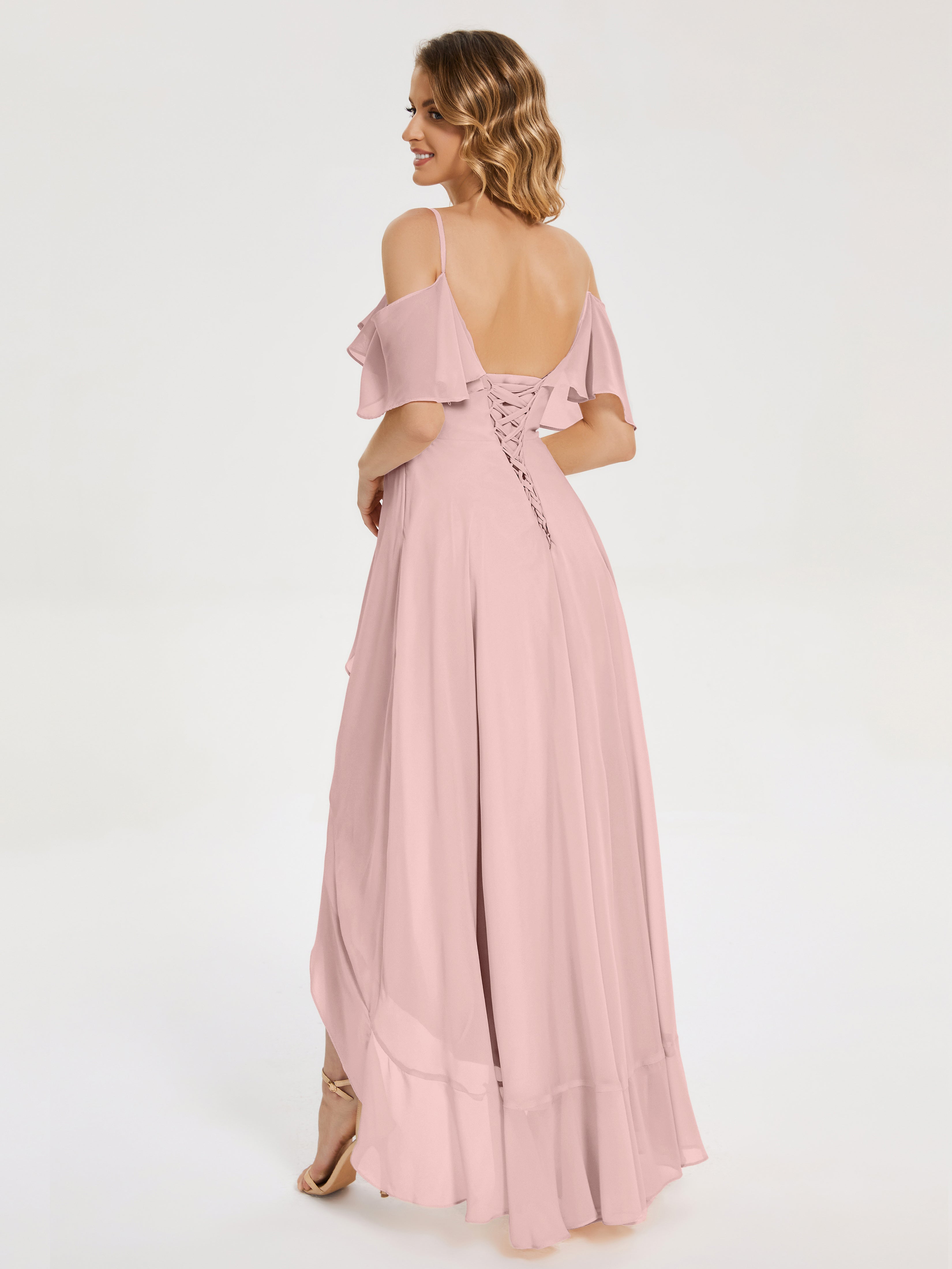 Robes De Demoiselle D'Honneur Couleur Rose Poudrée Asymétrique Mousseline Robes Demoiselle D'Honneur À Lacet
