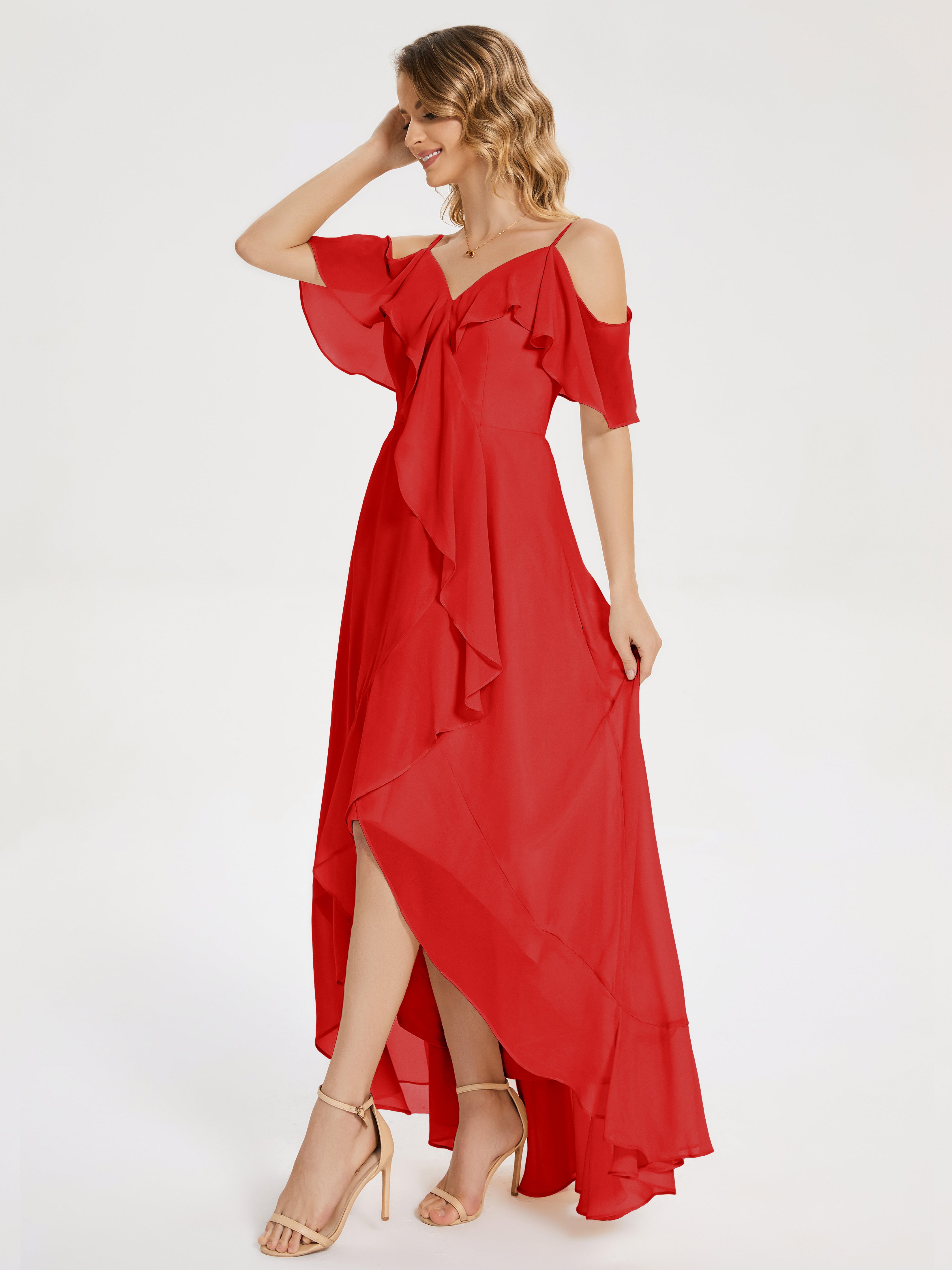 Robes De Demoiselle D'Honneur Rouges Asymétrique Mousseline Robes Demoiselle D'Honneur À Lacet