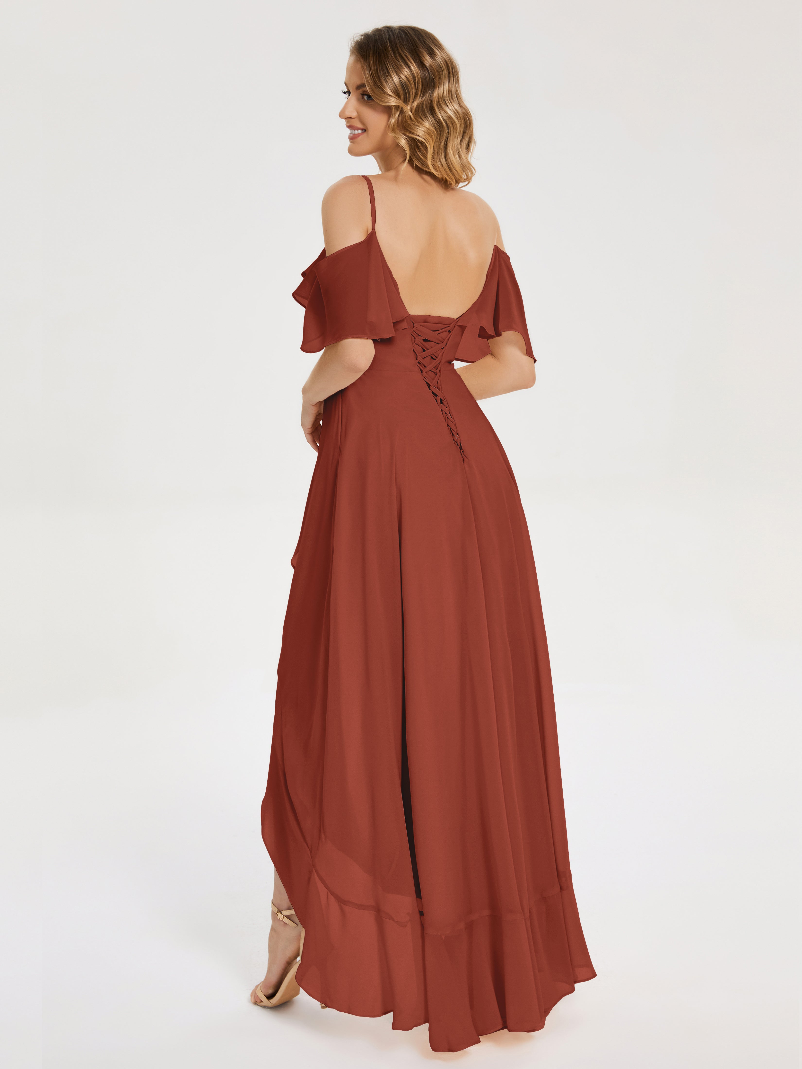 Demoiselle D'Honneur De Rouille Asymétrique Mousseline Robes Demoiselle D'Honneur À Lacet