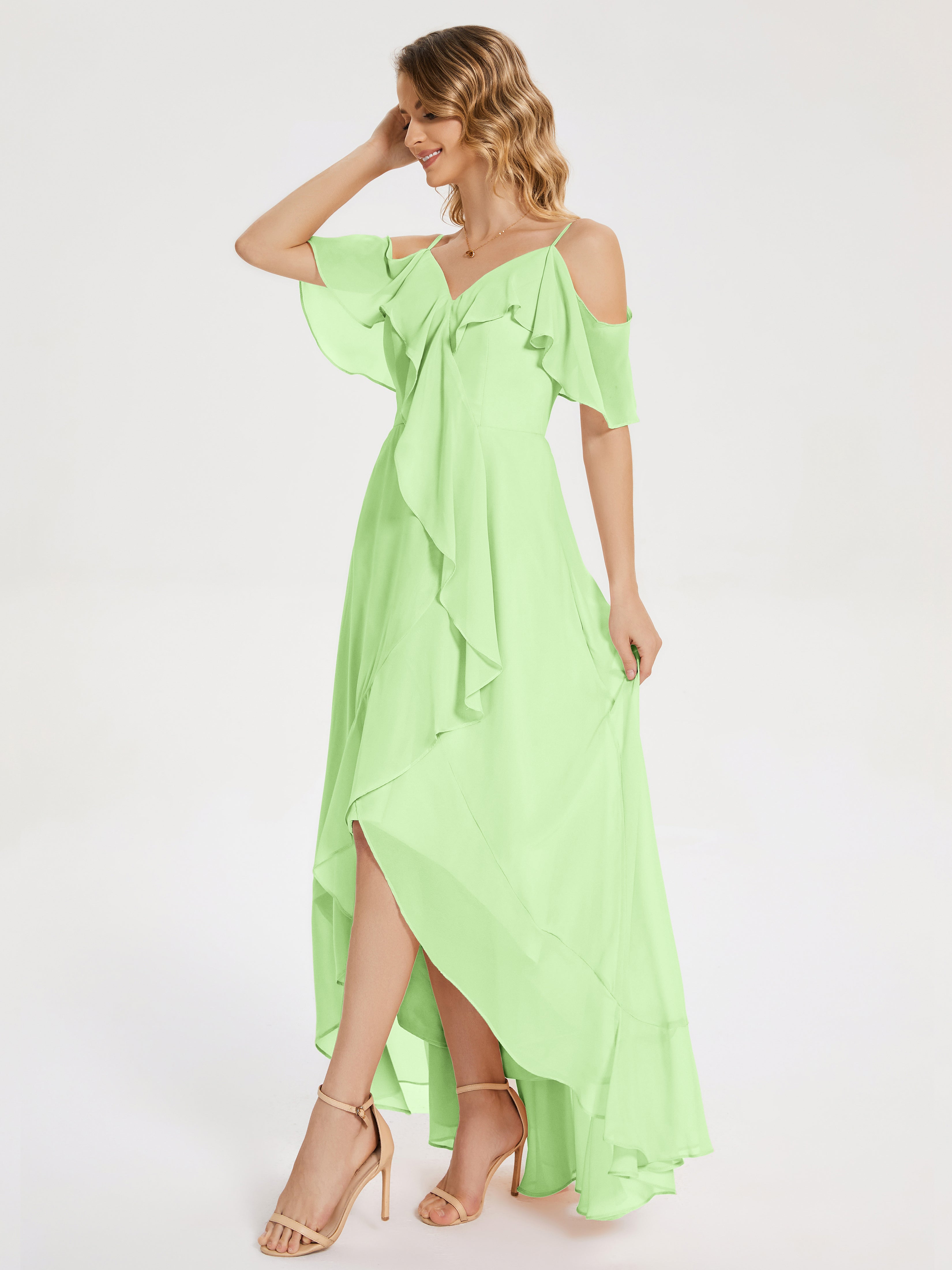Robe Sauge Demoiselle D Honneur Asymétrique Mousseline Robes Demoiselle D'Honneur À Lacet