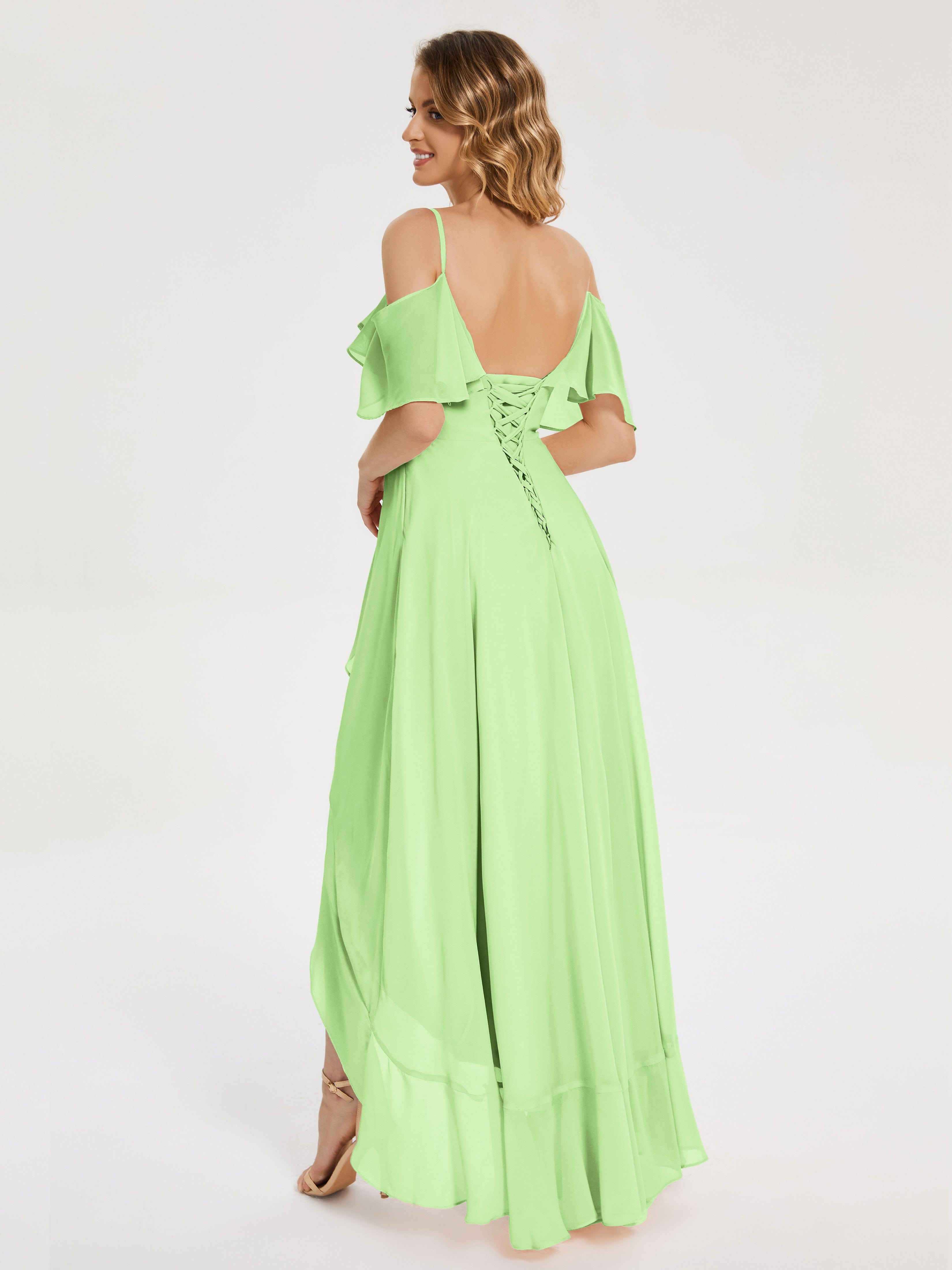 Robe Sauge Demoiselle D Honneur Asymétrique Mousseline Robes Demoiselle D'Honneur À Lacet