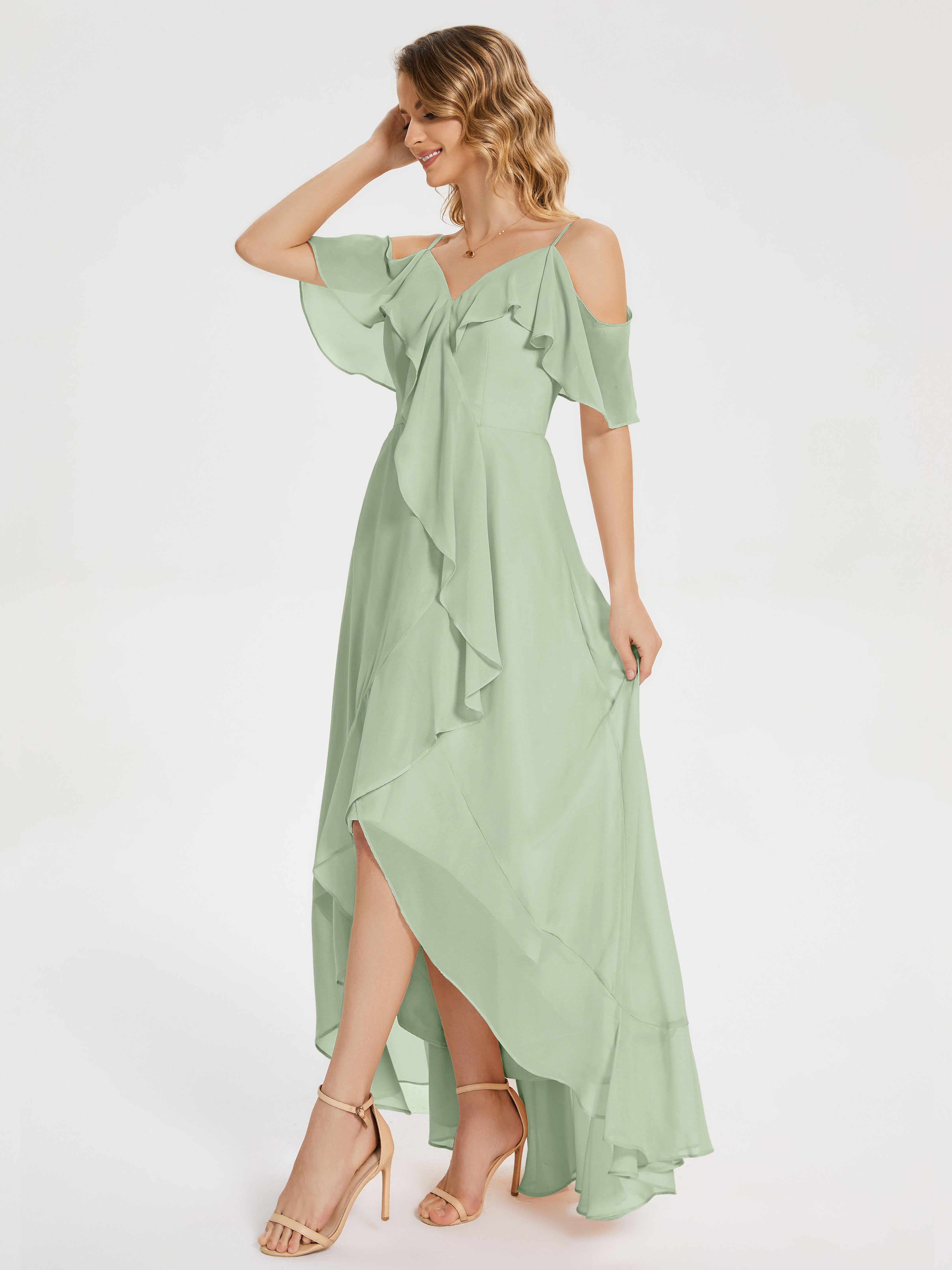 Robe Demoiselle D Honneur Sauge Poudré Asymétrique Mousseline Robes Demoiselle D'Honneur À Lacet