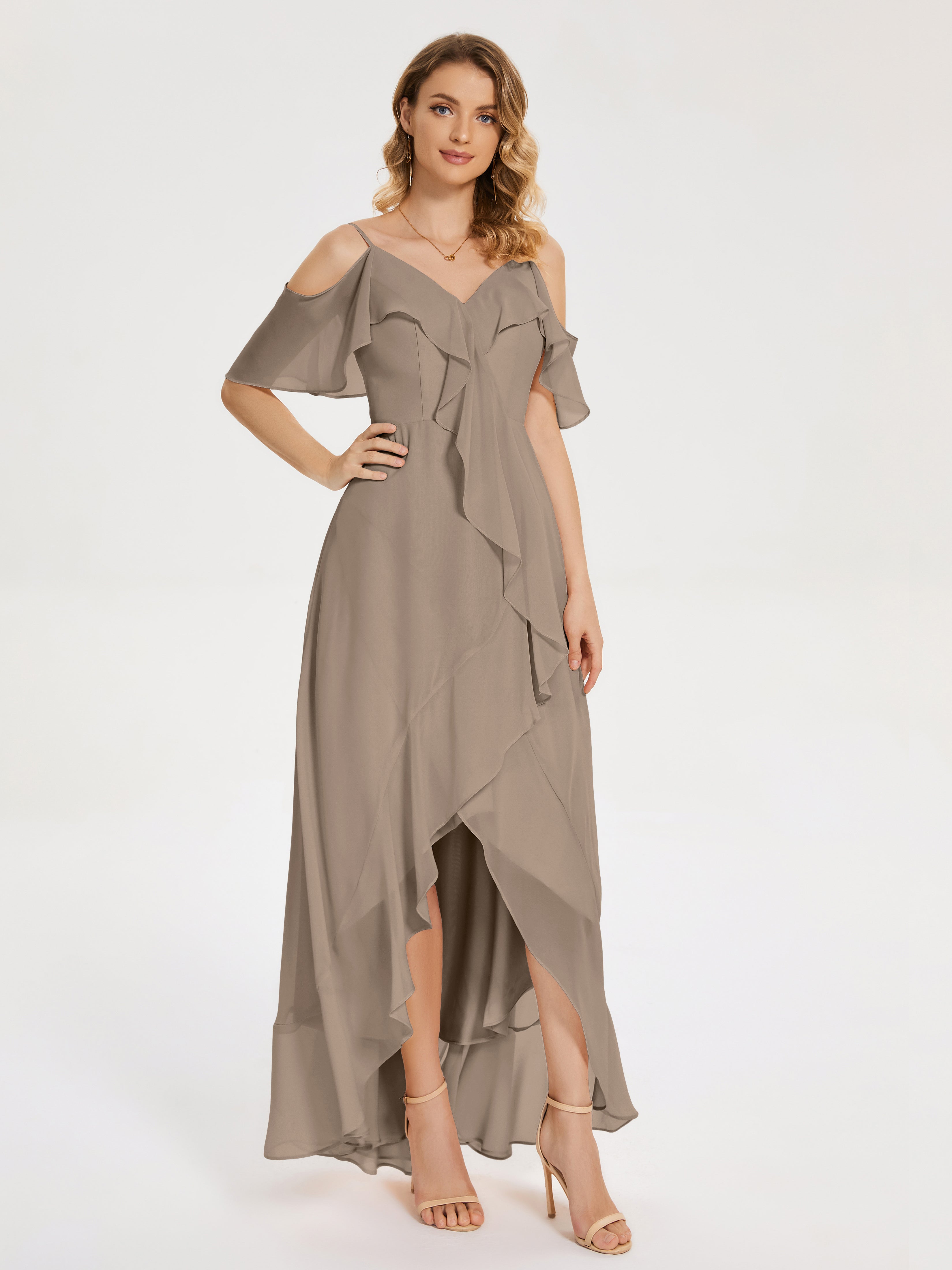 Robe De Couleur Taupe Asymétrique Mousseline Robes Demoiselle D'Honneur À Lacet