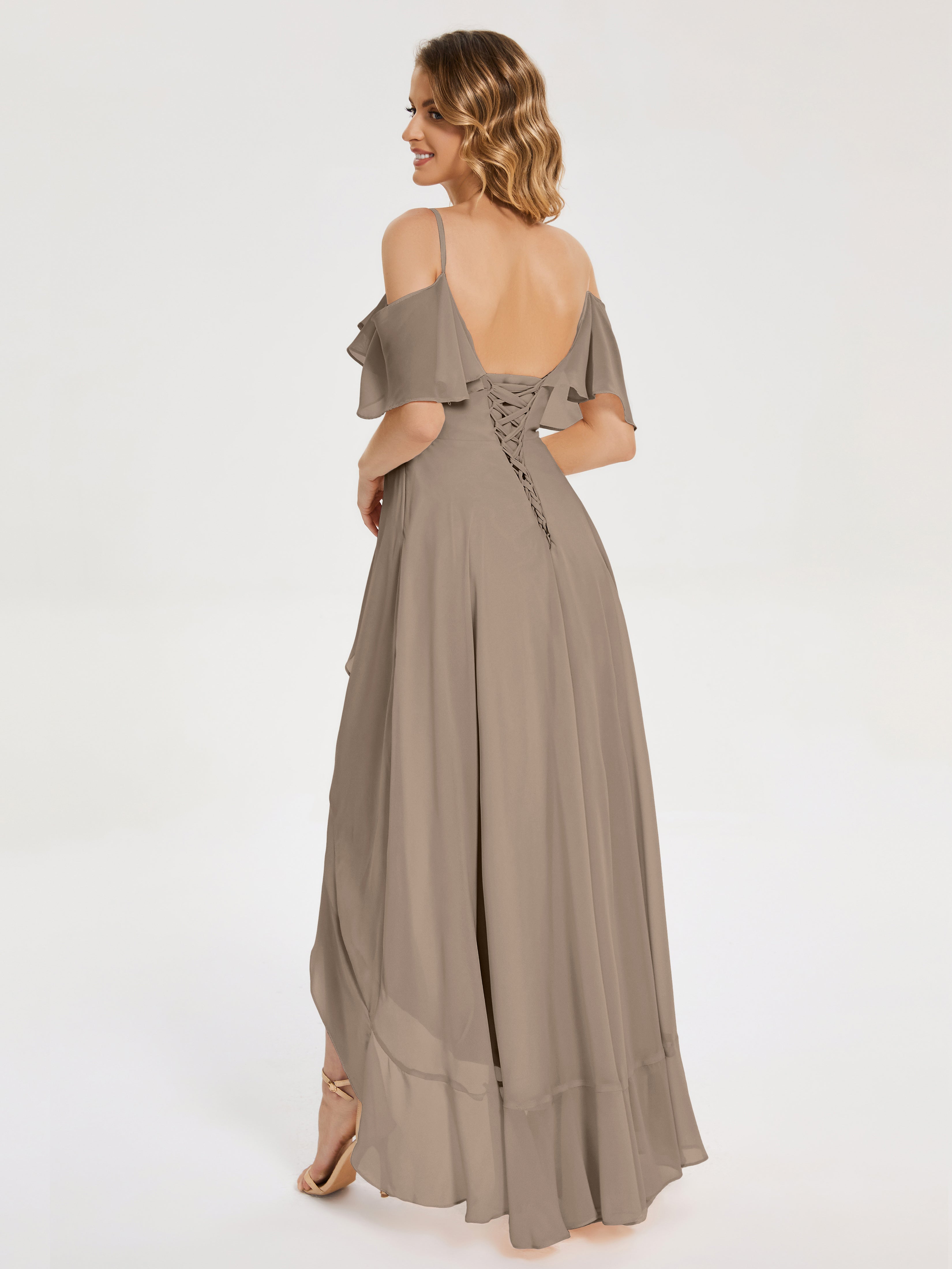 Robe De Couleur Taupe Asymétrique Mousseline Robes Demoiselle D'Honneur À Lacet