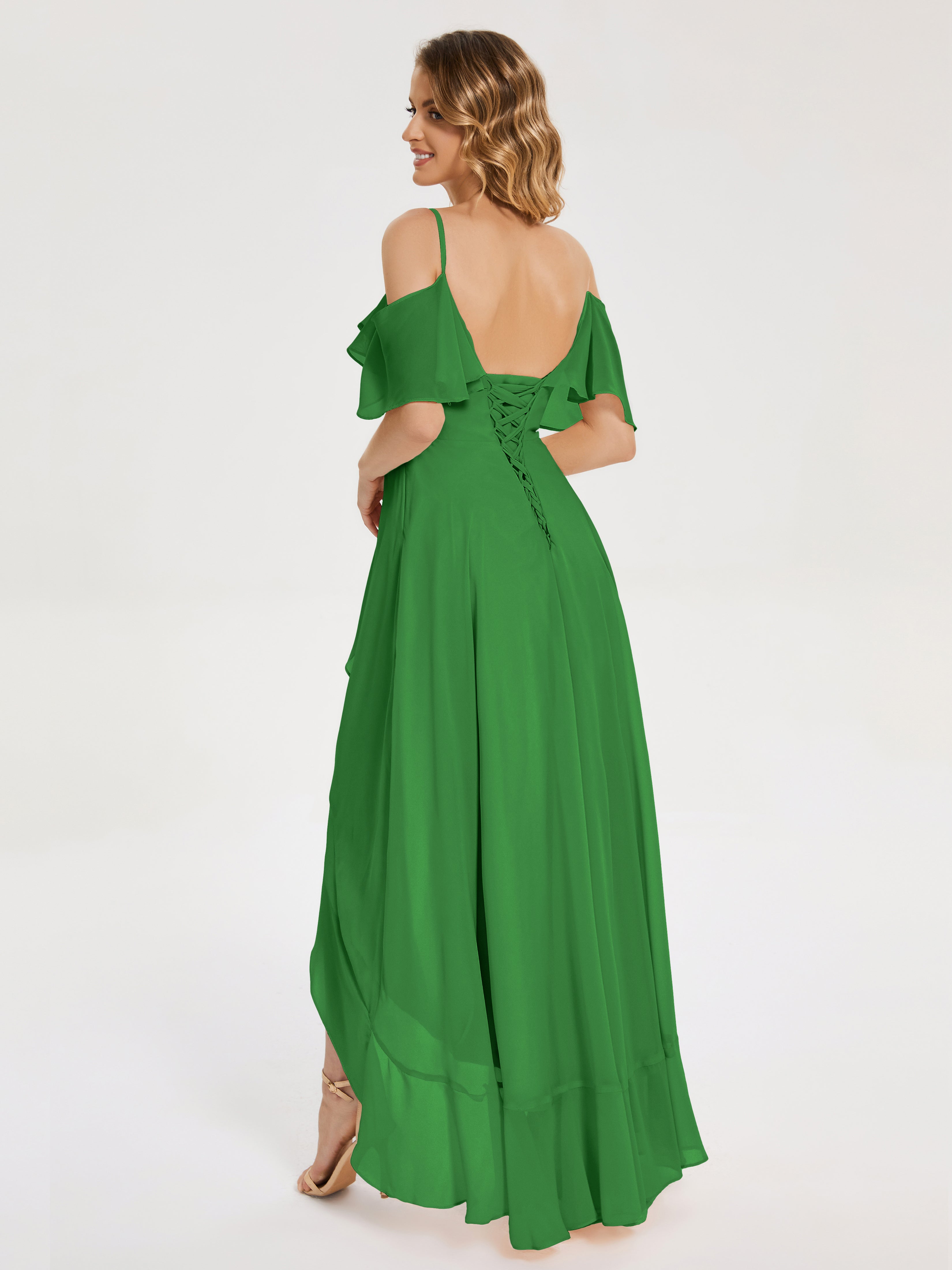 Robe Vert Demoiselle D Honneur Asymétrique Mousseline Robes Demoiselle D'Honneur À Lacet