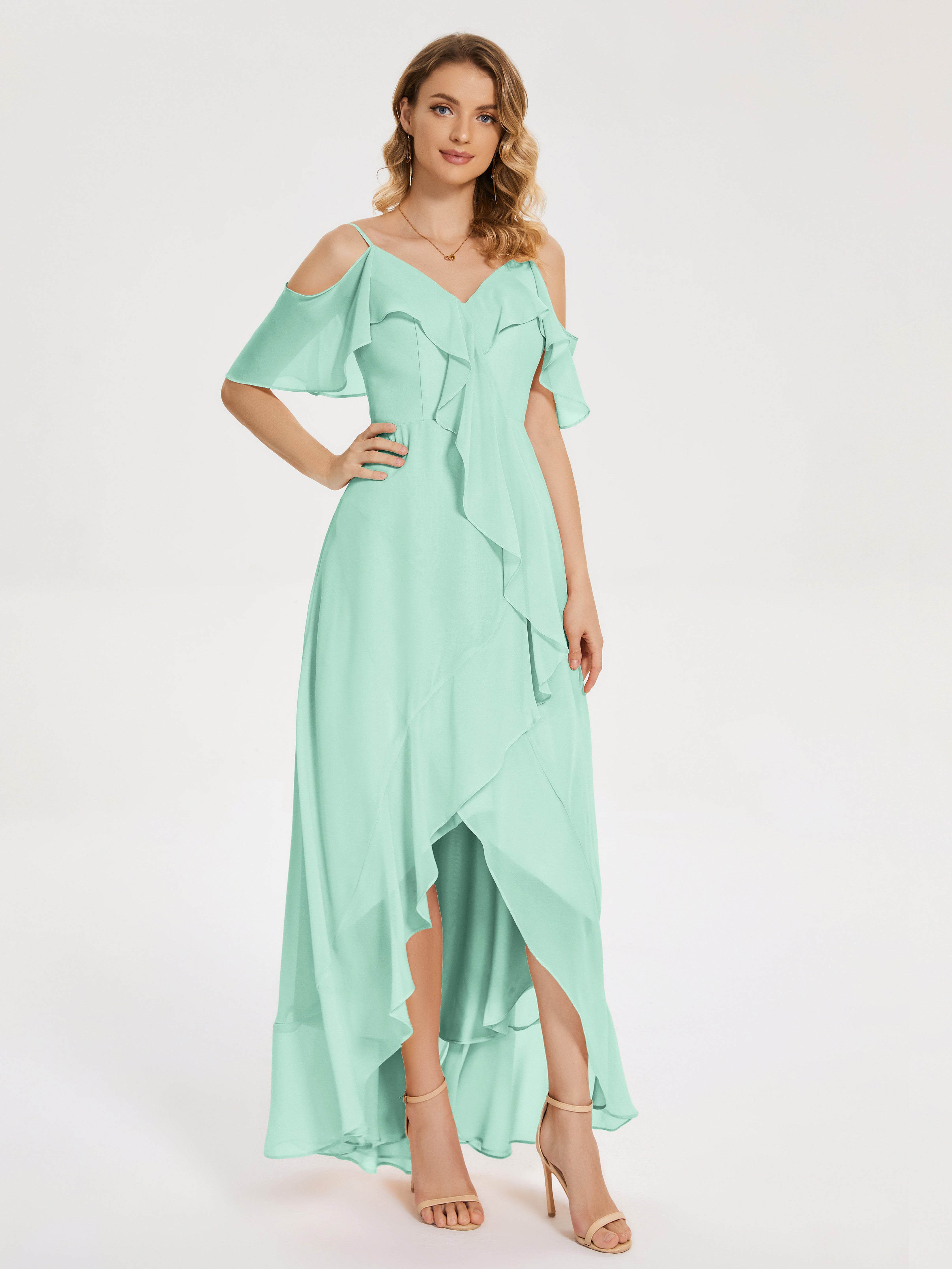 Robe Vert Menthe Demoiselle D Honneur Asymétrique Mousseline Robes Demoiselle D'Honneur À Lacet