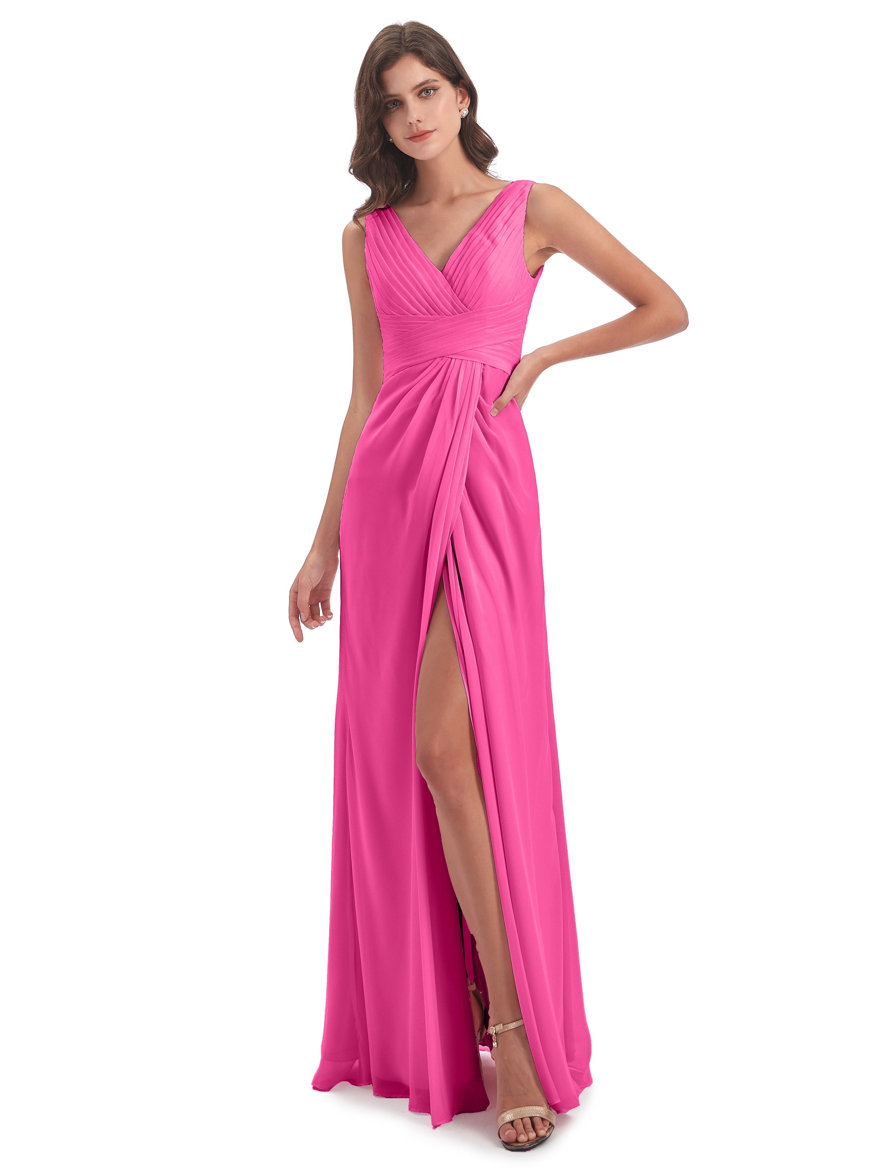 Robe Demoiselle D Honneur En Azalée Fendue Devant Mousseline Longue Robes Demoiselle D'Honneur