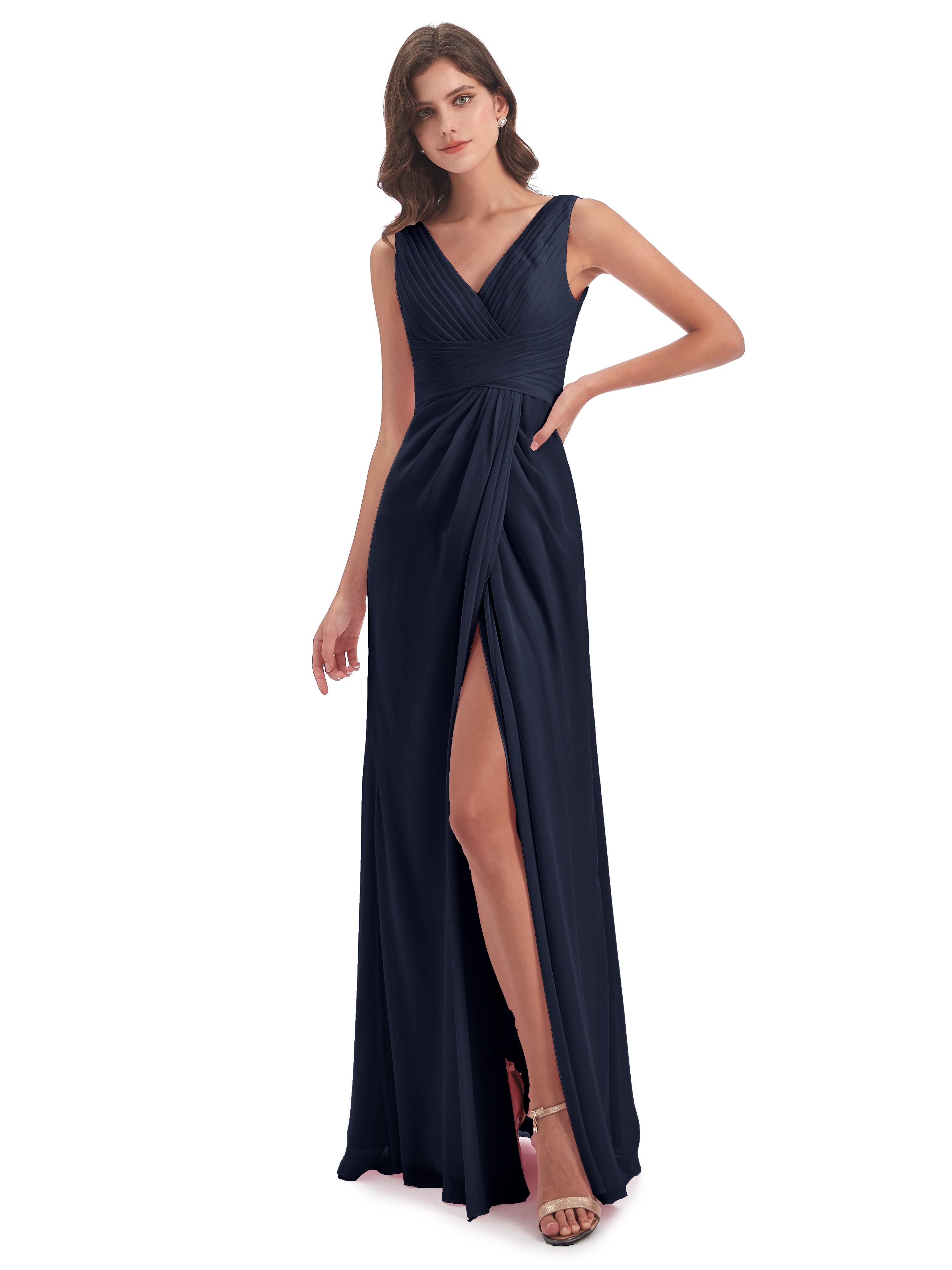 Robes De Demoiselle D'Honneur Bleu Marine Foncé Fendue Devant Mousseline Longue Robes Demoiselle D'Honneur