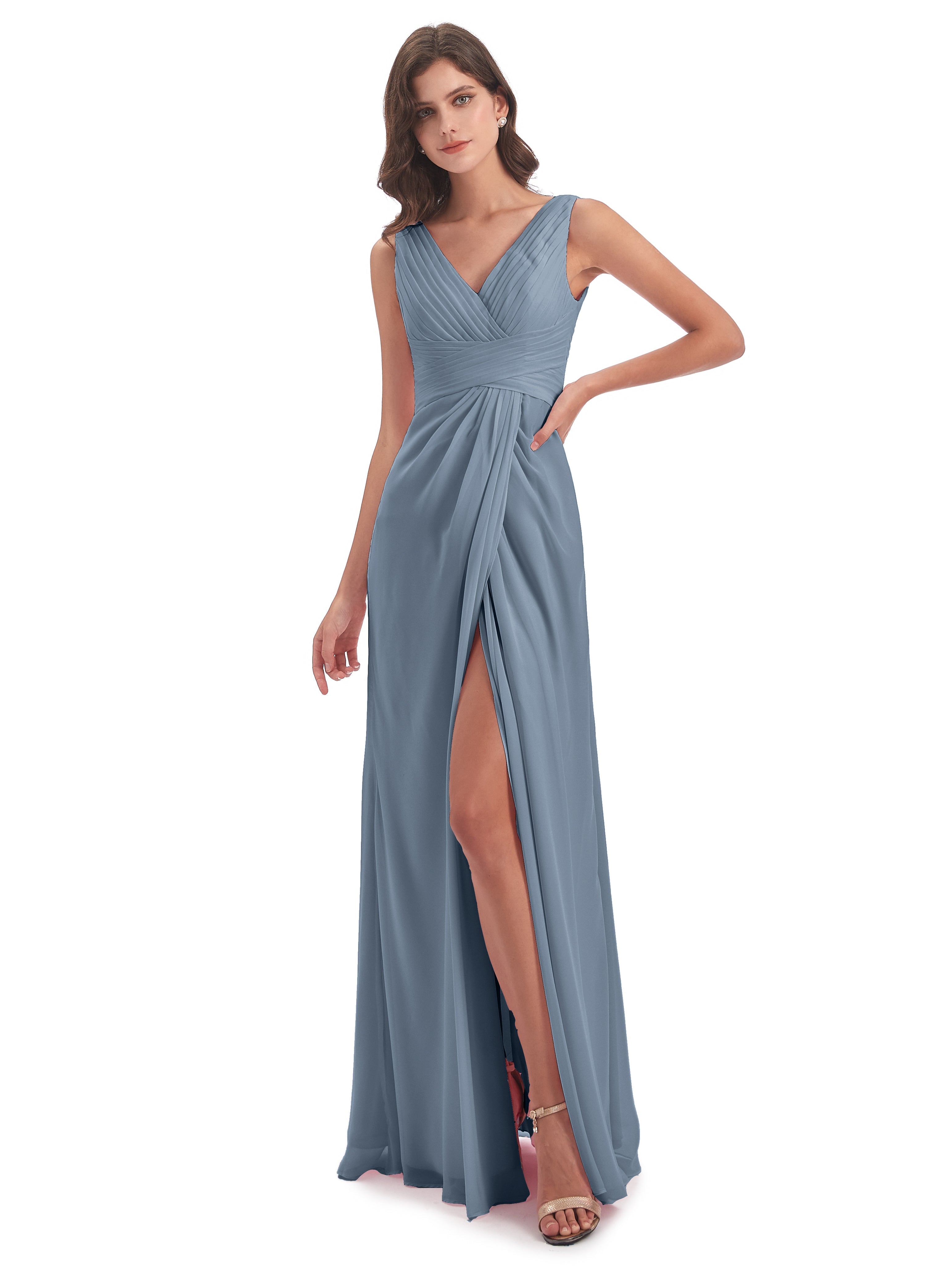 Robe Demoiselle D Honneur Bleu Poussiereux Fendue Devant Mousseline Longue Robes Demoiselle D'Honneur