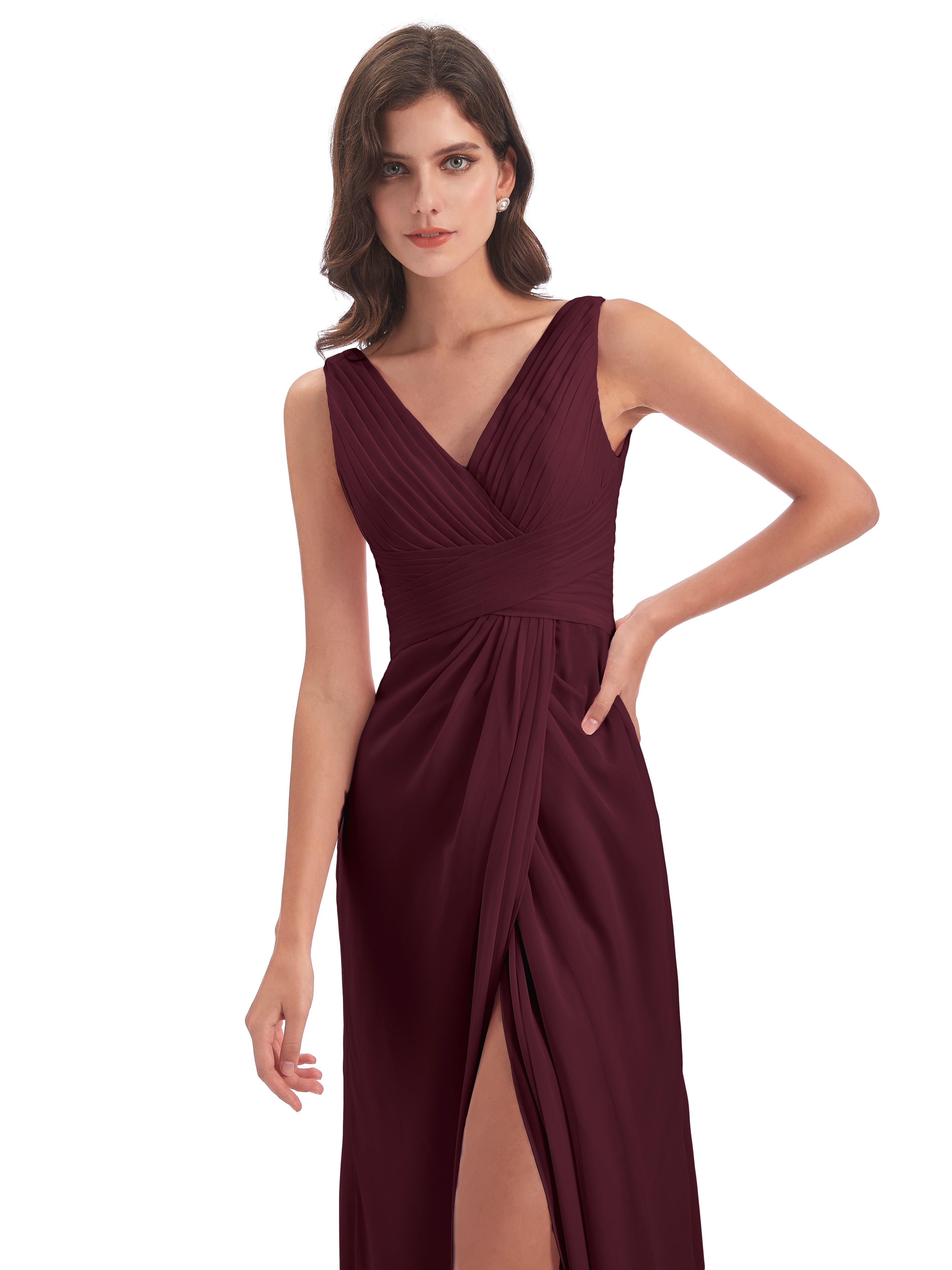 Robes De Demoiselle D'Honneur Cabernet Fendue Devant Mousseline Longue Robes Demoiselle D'Honneur
