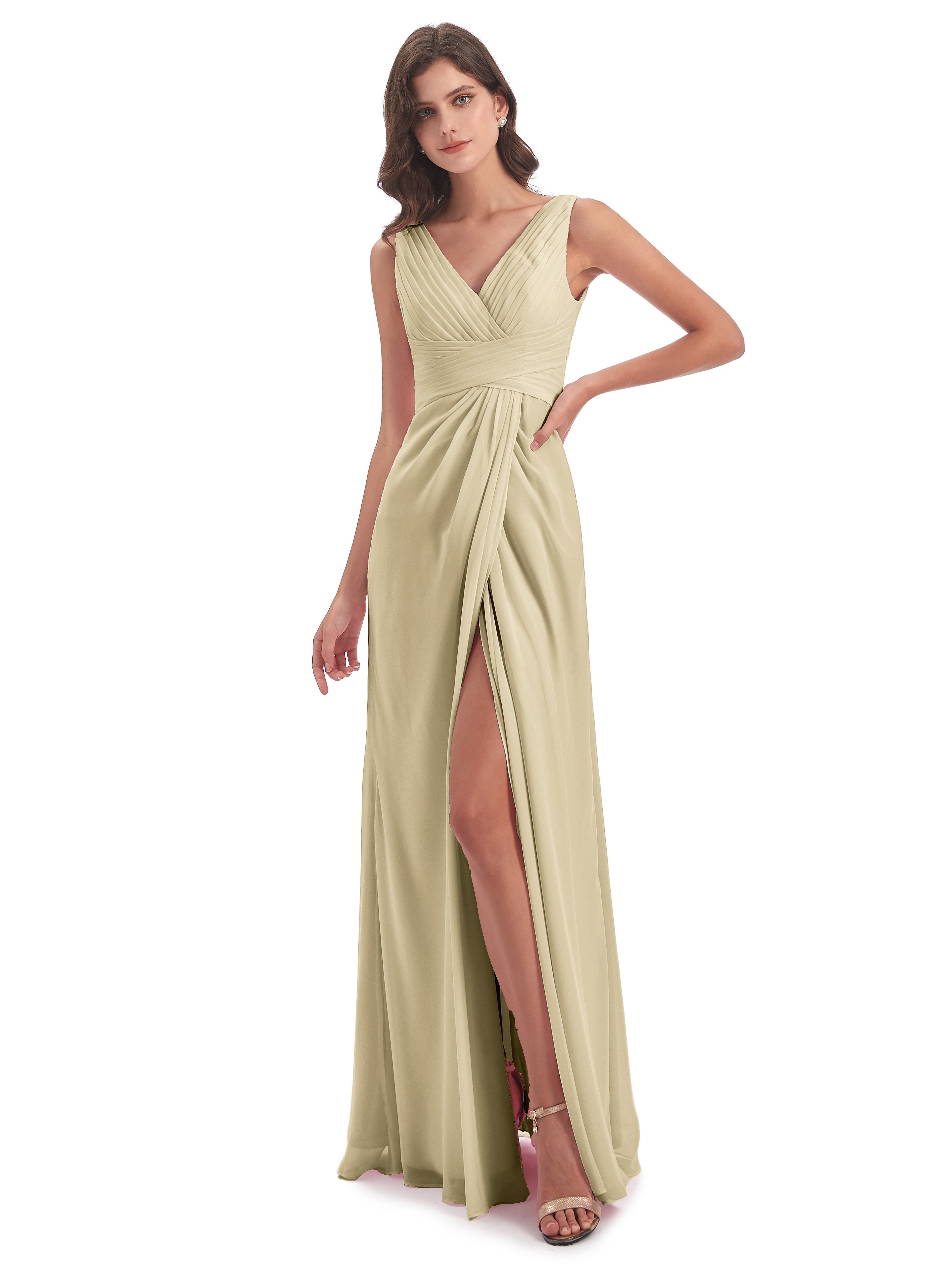 Robes De Demoiselle D'Honneur Champagne Longues Fendue Devant Mousseline Longue Robes Demoiselle D'Honneur