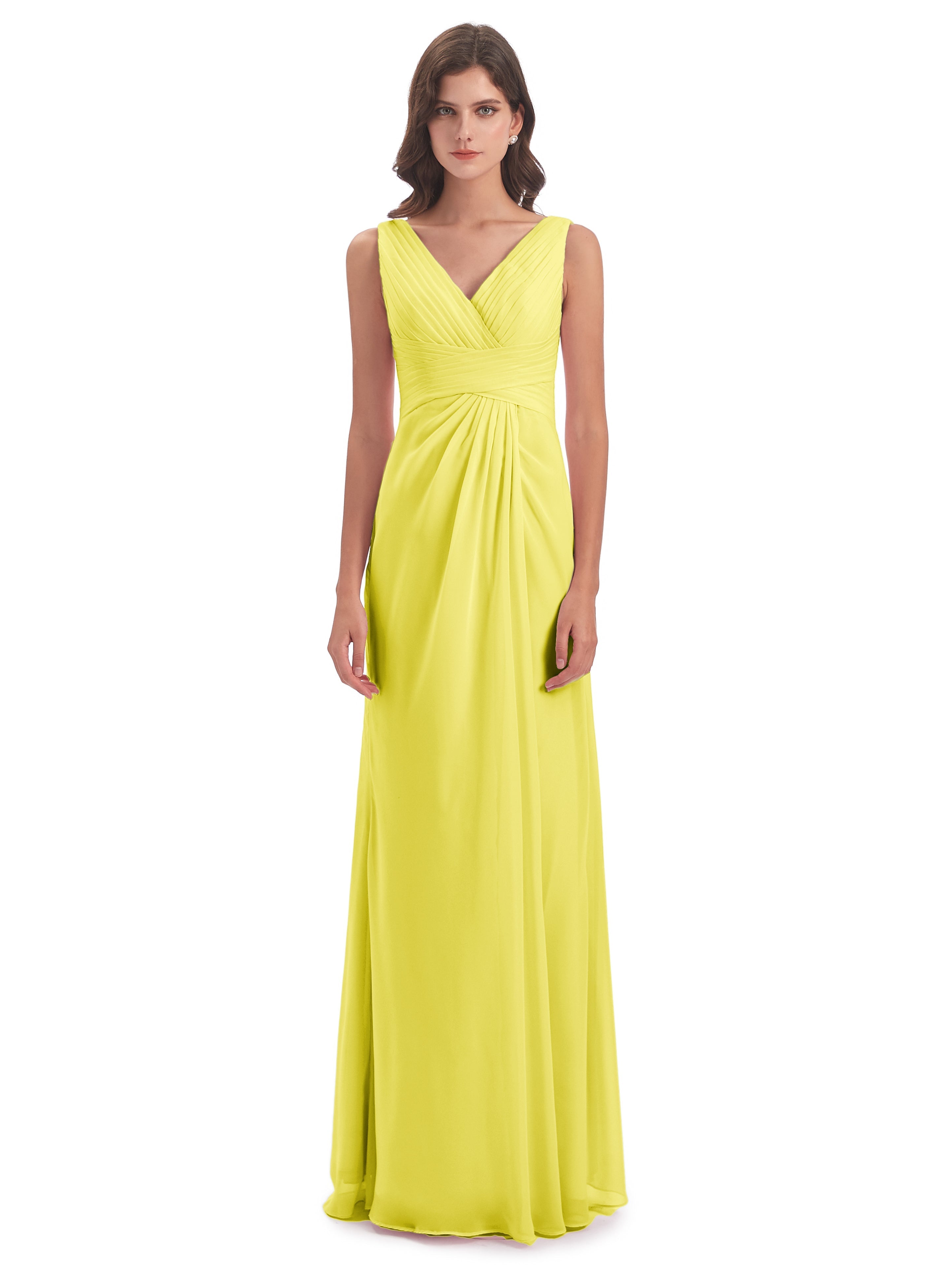 Robes De Demoiselle D'Honneur Citron Fendue Devant Mousseline Longue Robes Demoiselle D'Honneur