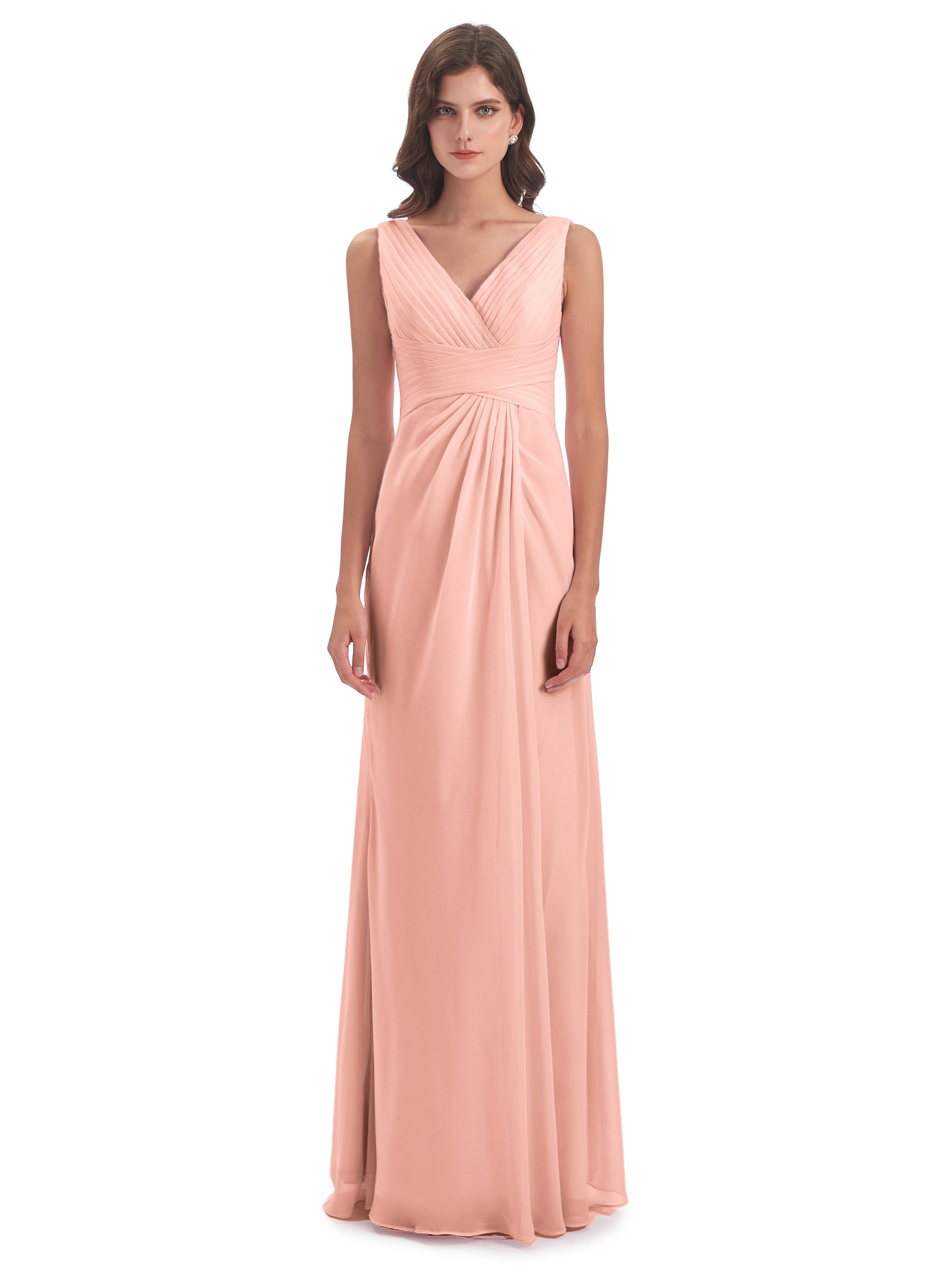 Robes De Demoiselle D'Honneur Couleur Corail Fendue Devant Mousseline Longue Robes Demoiselle D'Honneur