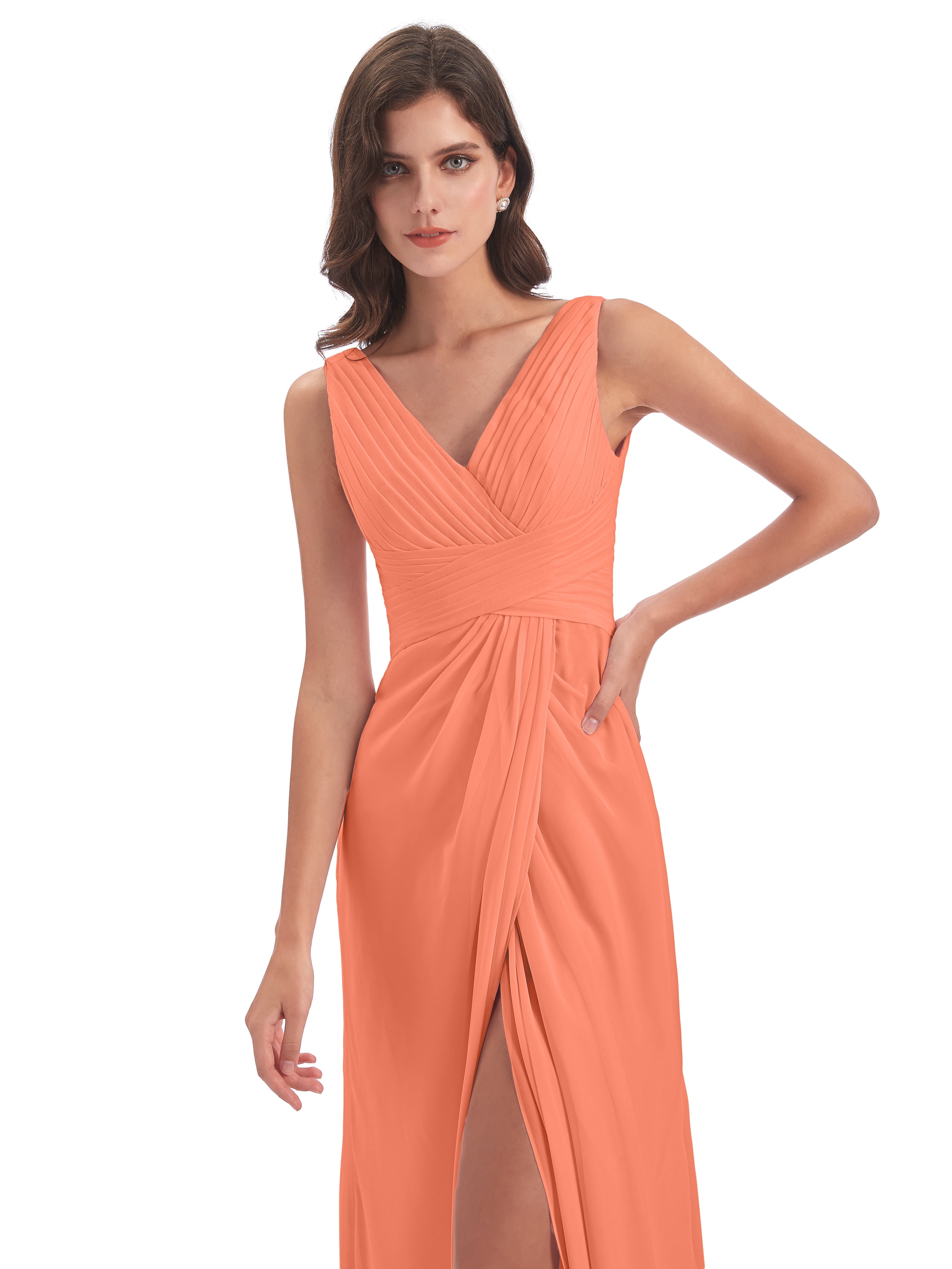 Robes De Demoiselle D'Honneur Coucher De Soleil Fendue Devant Mousseline Longue Robes Demoiselle D'Honneur
