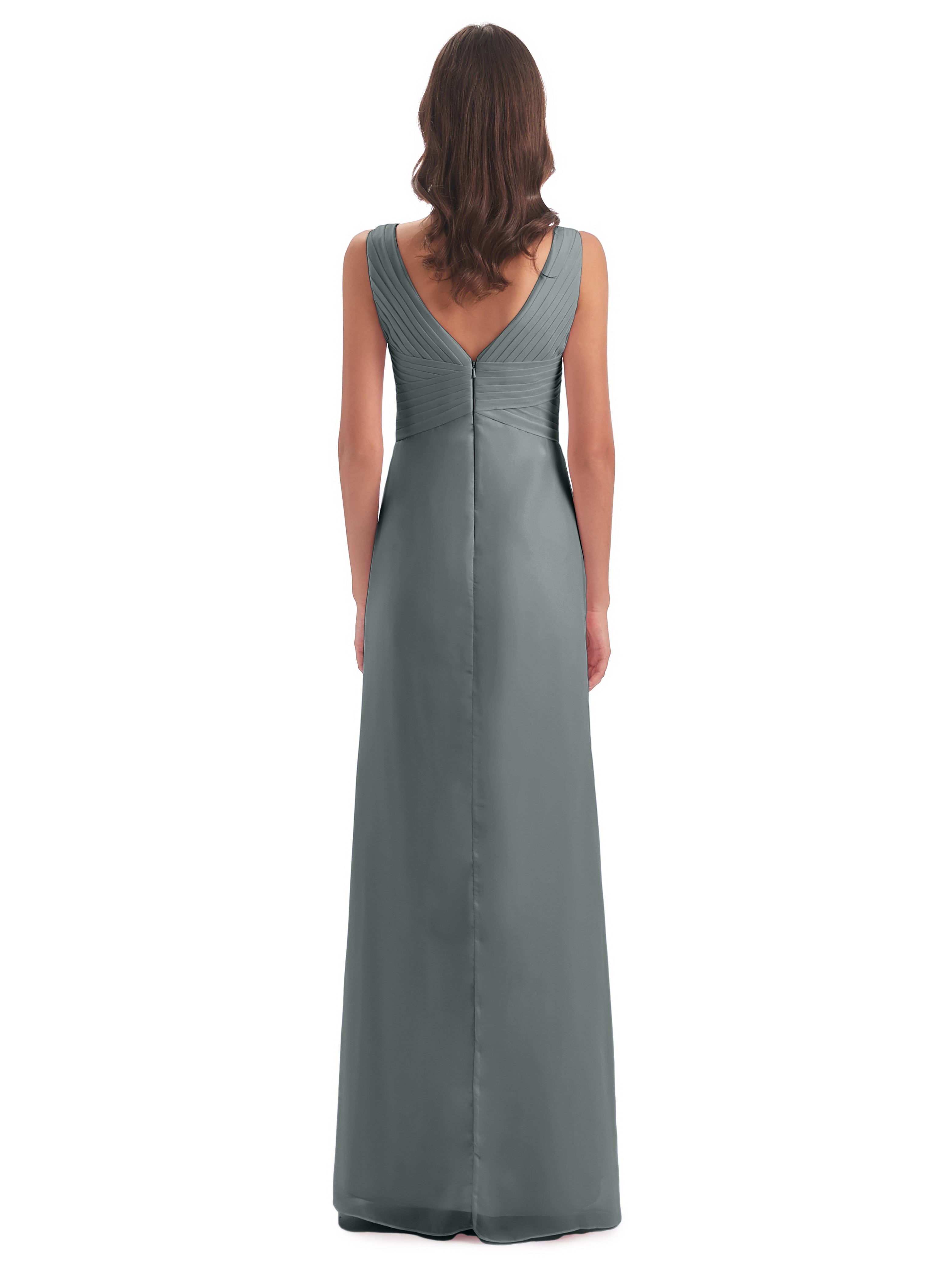 Robe Demoiselle D Honneur Gris Argenté Fendue Devant Mousseline Longue Robes Demoiselle D'Honneur